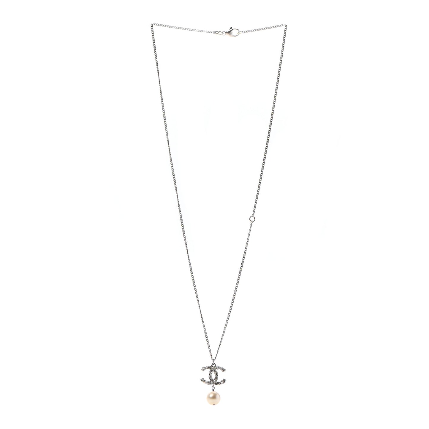 Crystal Pearl Twisted CC Drop Necklace Silver