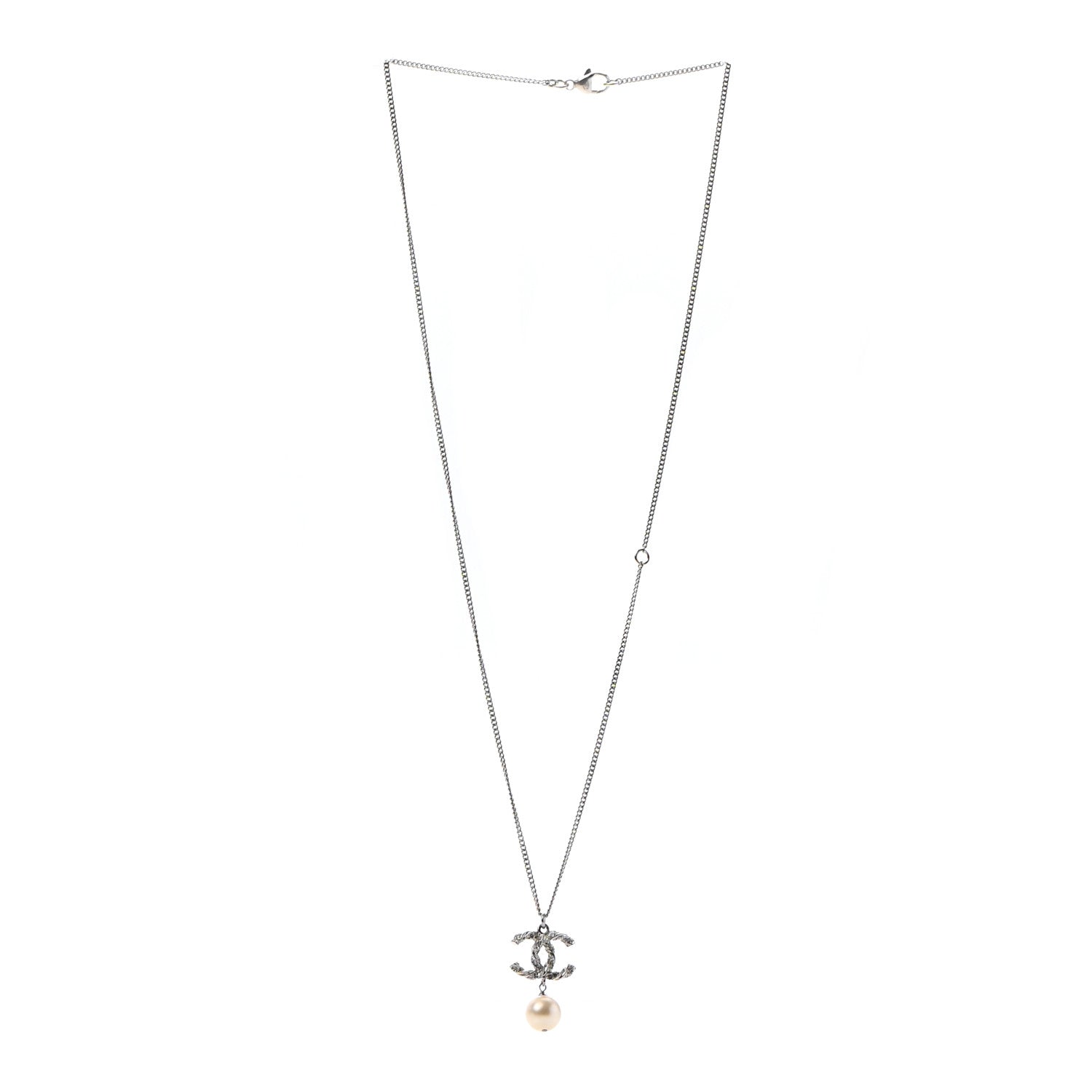 Chanel Crystal Pearl Twisted CC Drop Necklace Silver 3 of 5