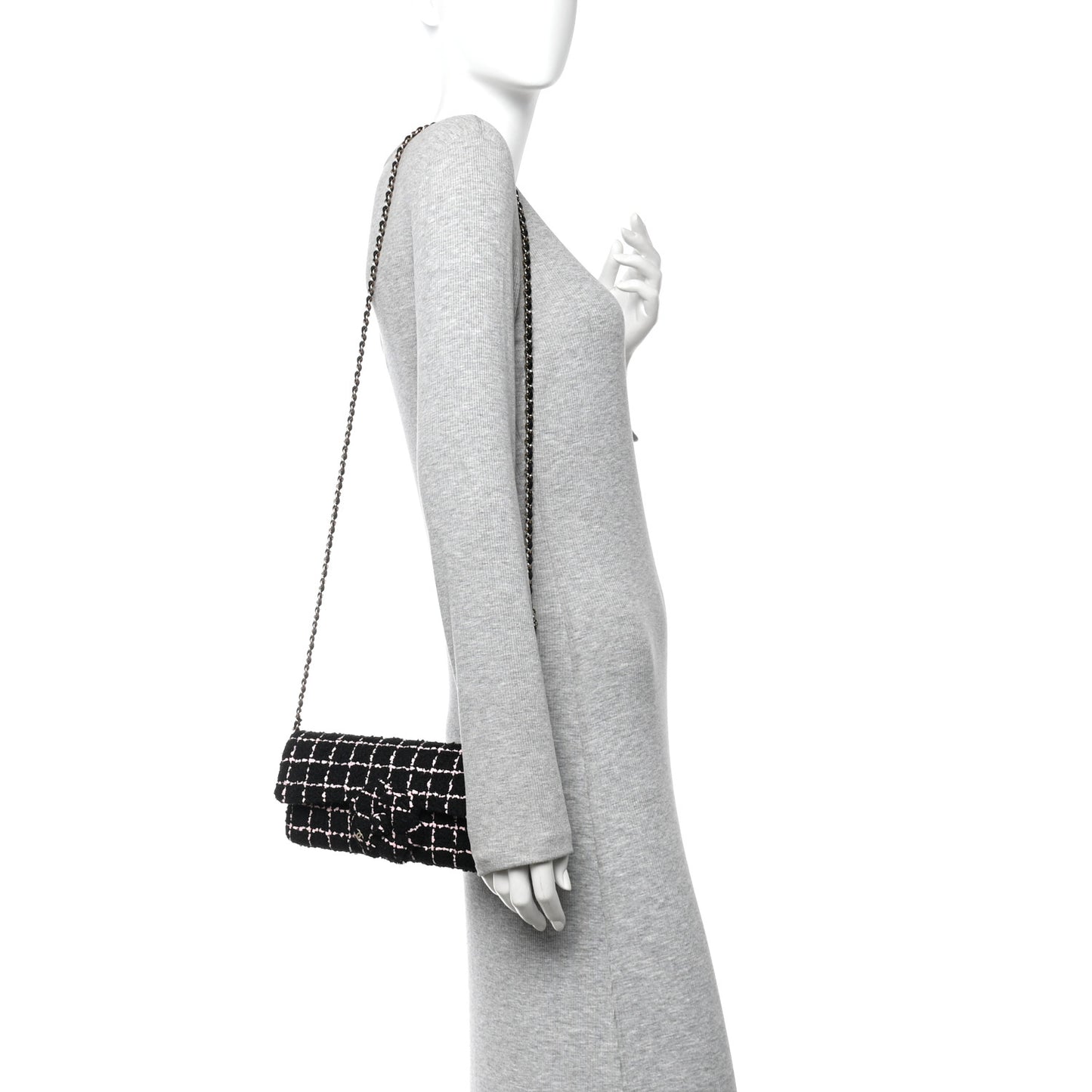 Tweed Quilted East West Camellia Clutch Black Pink