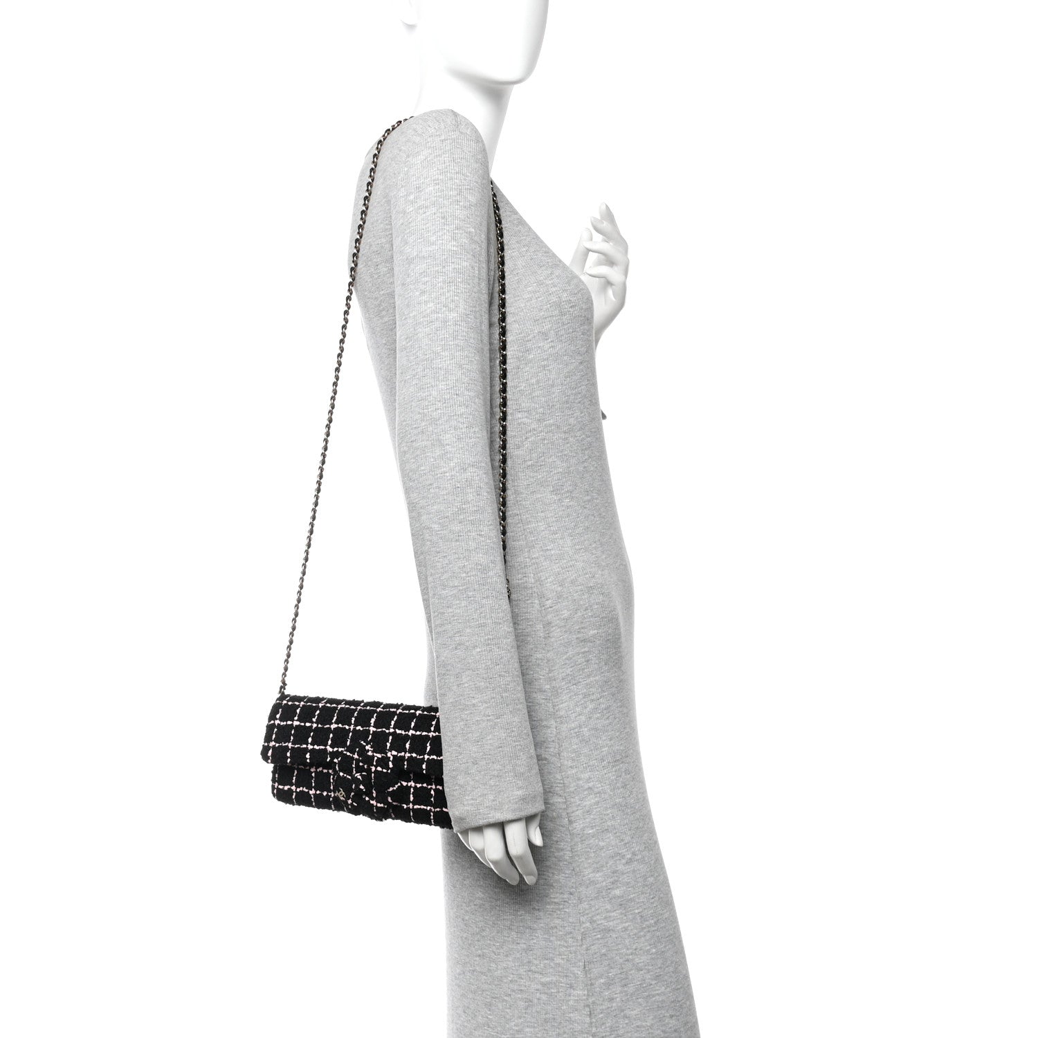 Chanel Tweed Quilted East West Camellia Clutch Black Pink 2 of 10
