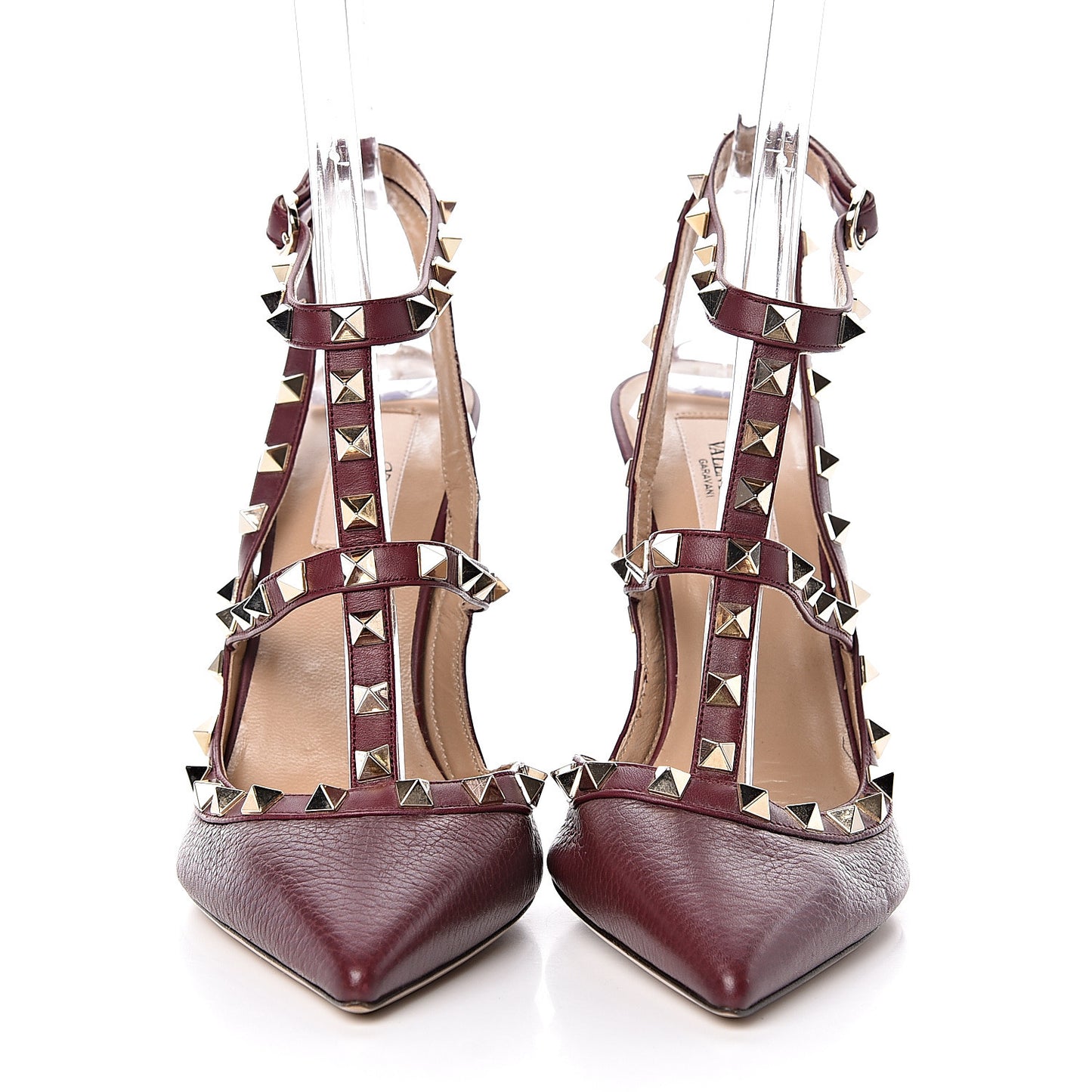 Pebbled Calfskin Rockstud Ankle Strap Pumps 39.5 Rubin