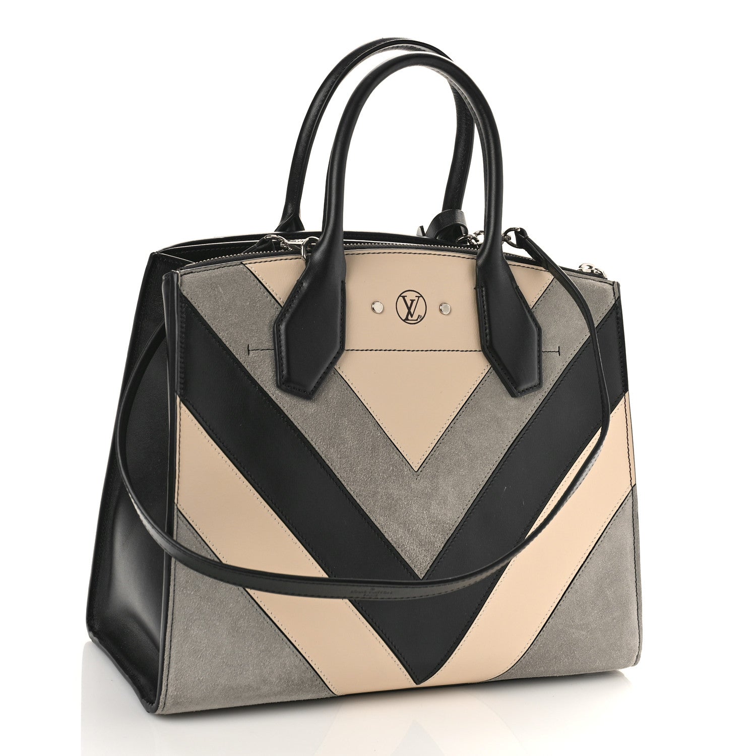 Louis Vuitton Calfskin Suede V City Steamer MM Black Beige 2 of 7