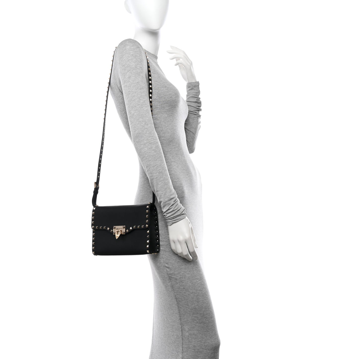 Vitello Medium Rockstud Flip Lock Crossbody Bag Black