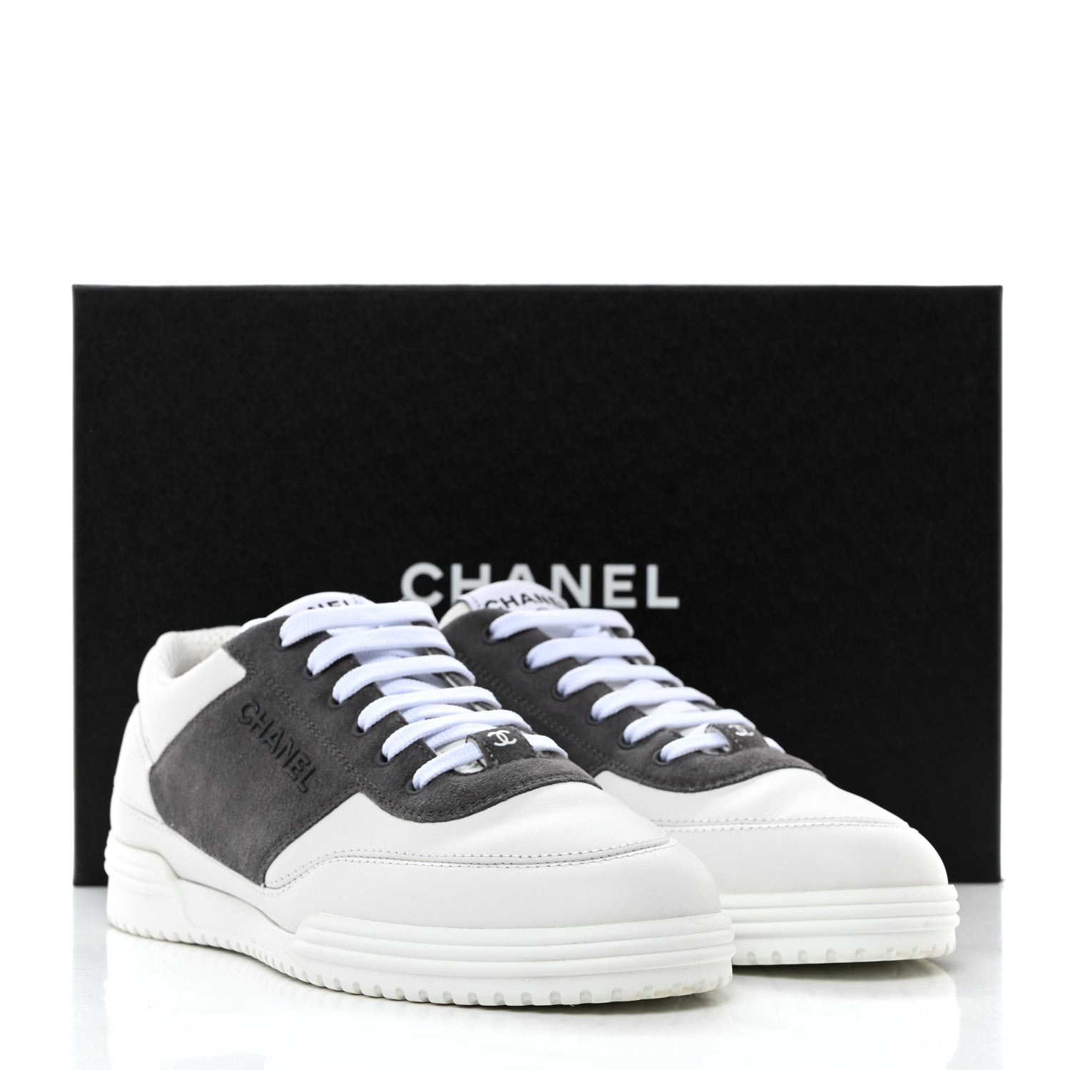 Chanel Calfskin Suede Calfskin Logo Womens Sneakers 37.5 White Gray 9 of 9