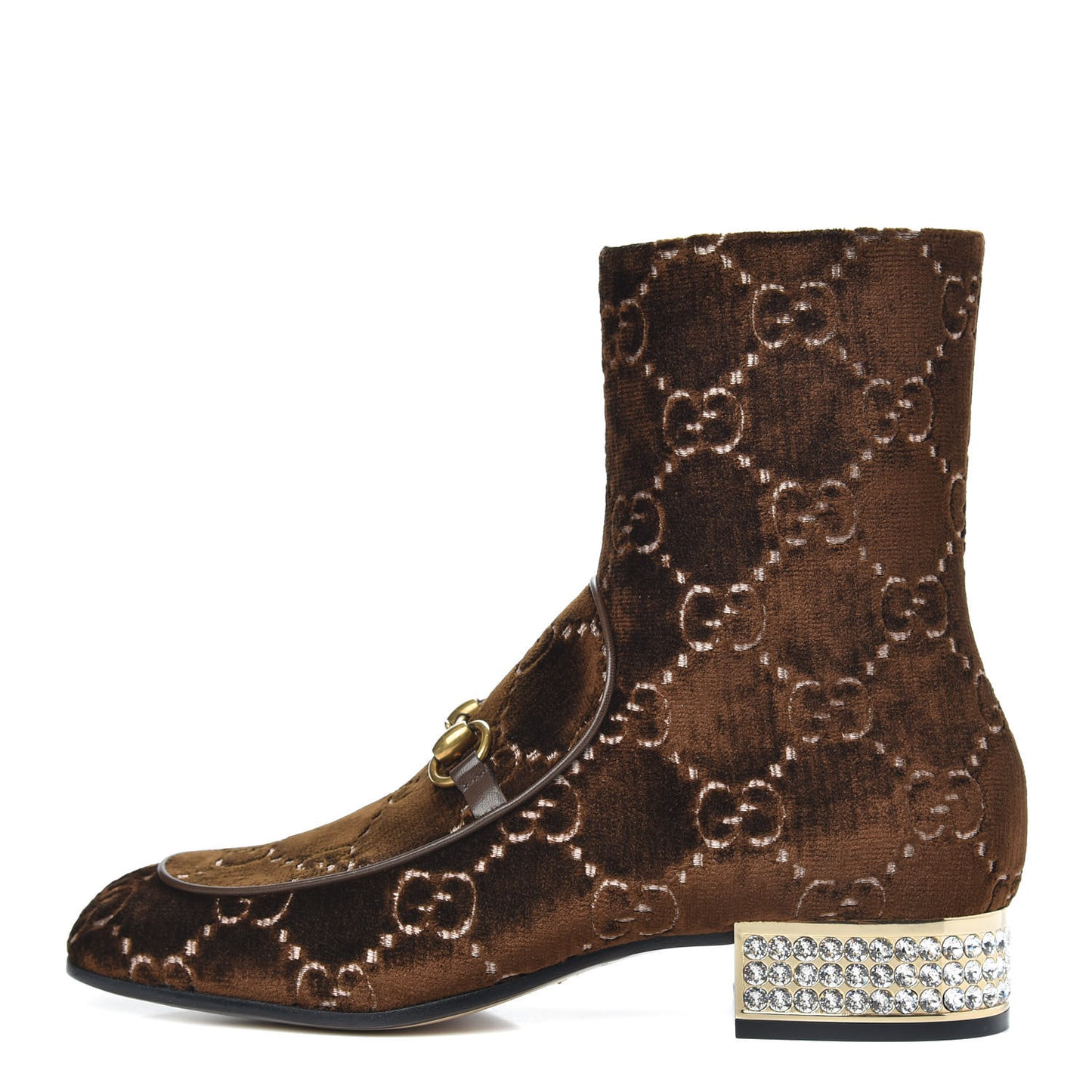 Velvet GG Monogram Crystal Horsebit Ankle Boots 40 Brown Vintage Cocoa