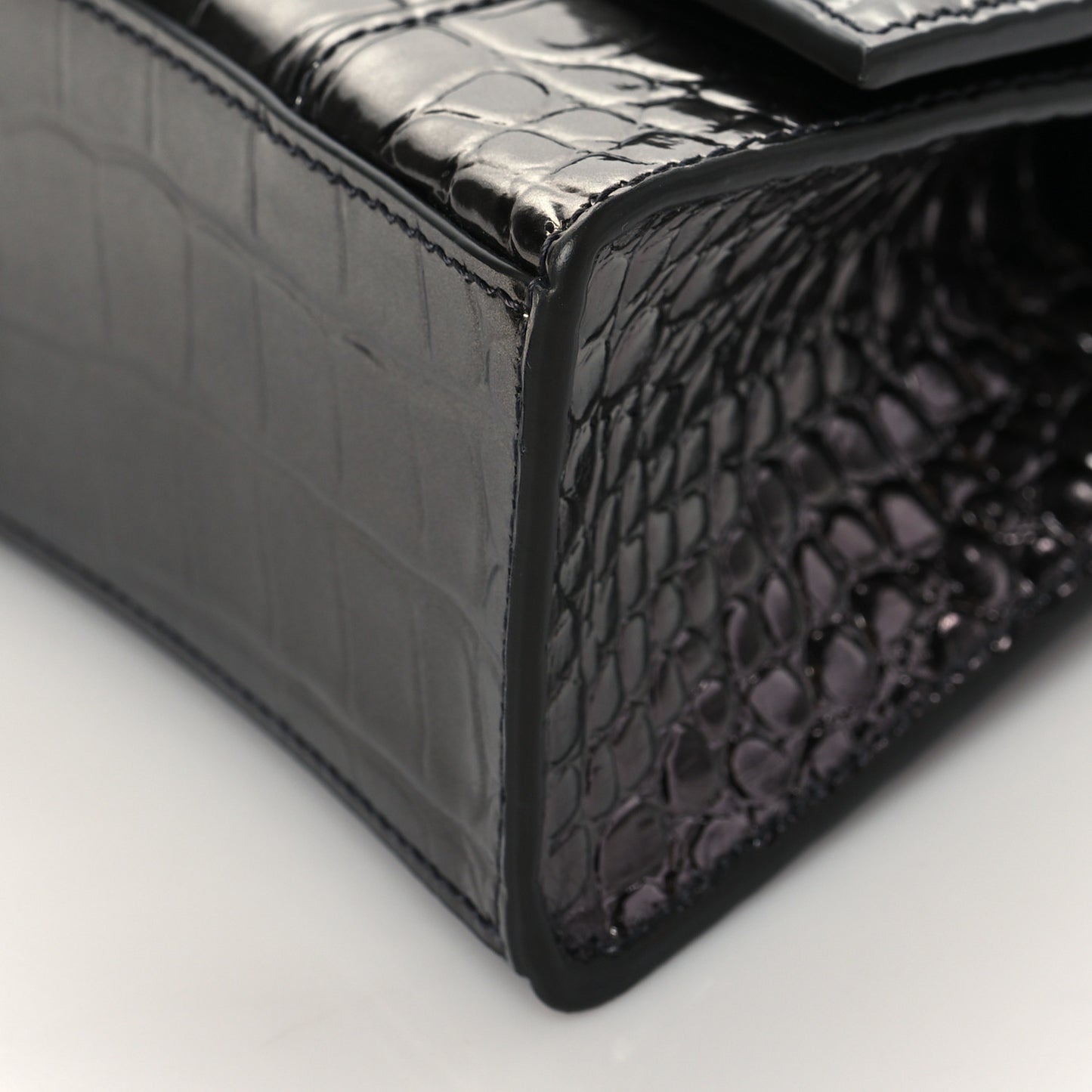Shiny Calfskin Crocodile Embossed Hourglass Top Handle Bag XS Gunmetal