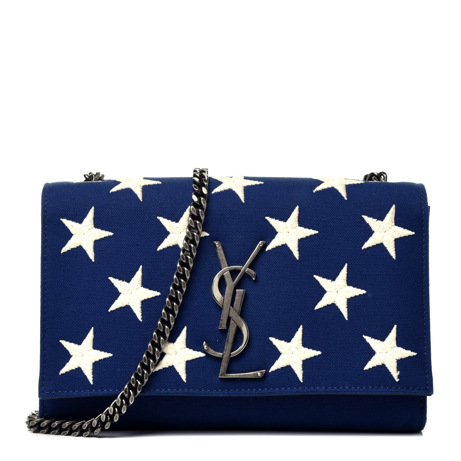 Saint Laurent Canvas Embroidered Stars Small Monogram Kate Satchel Blue Bianco 1 of 9