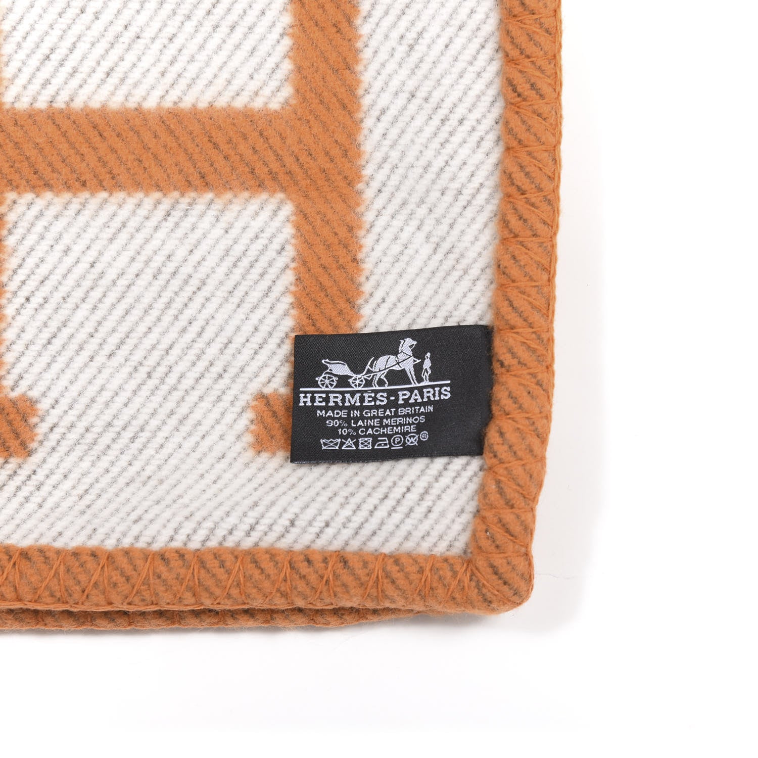 Hermes Wool Cashmere Signature Classic Avalon Blanket Ecru Potiron 3 of 4