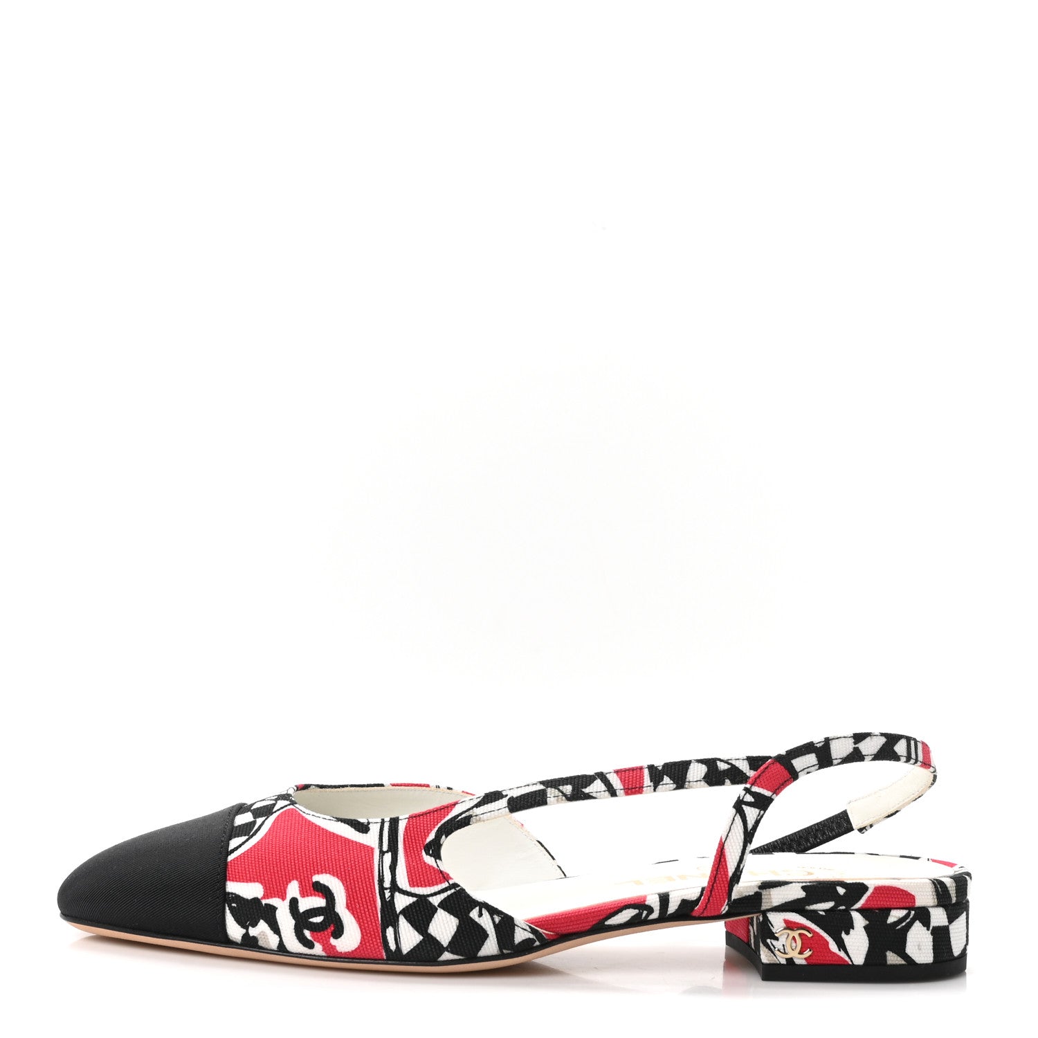 Chanel Printed Fabric Grosgrain Cap Toe CC Slingback Flats 38 Red Black White 1 of 9