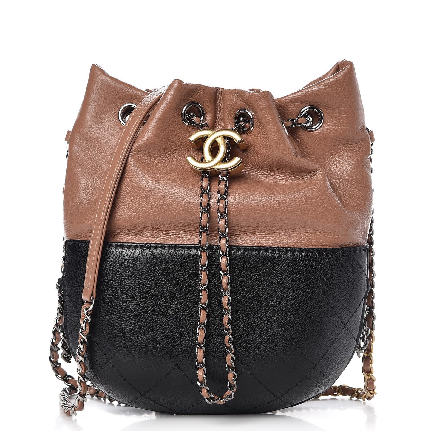 Calfskin Quilted Small Gabrielle Bucket Beige Black
