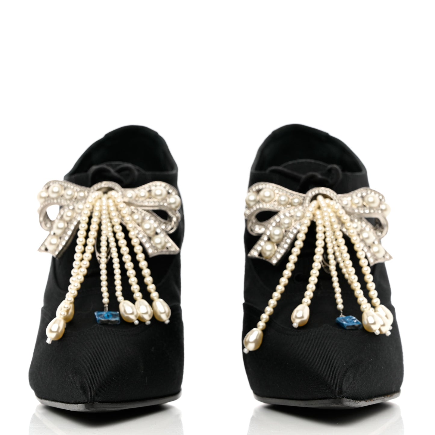 Grosgrain Pearl Crystal Bow CC Oxford Lace Up Booties 38.5 Black