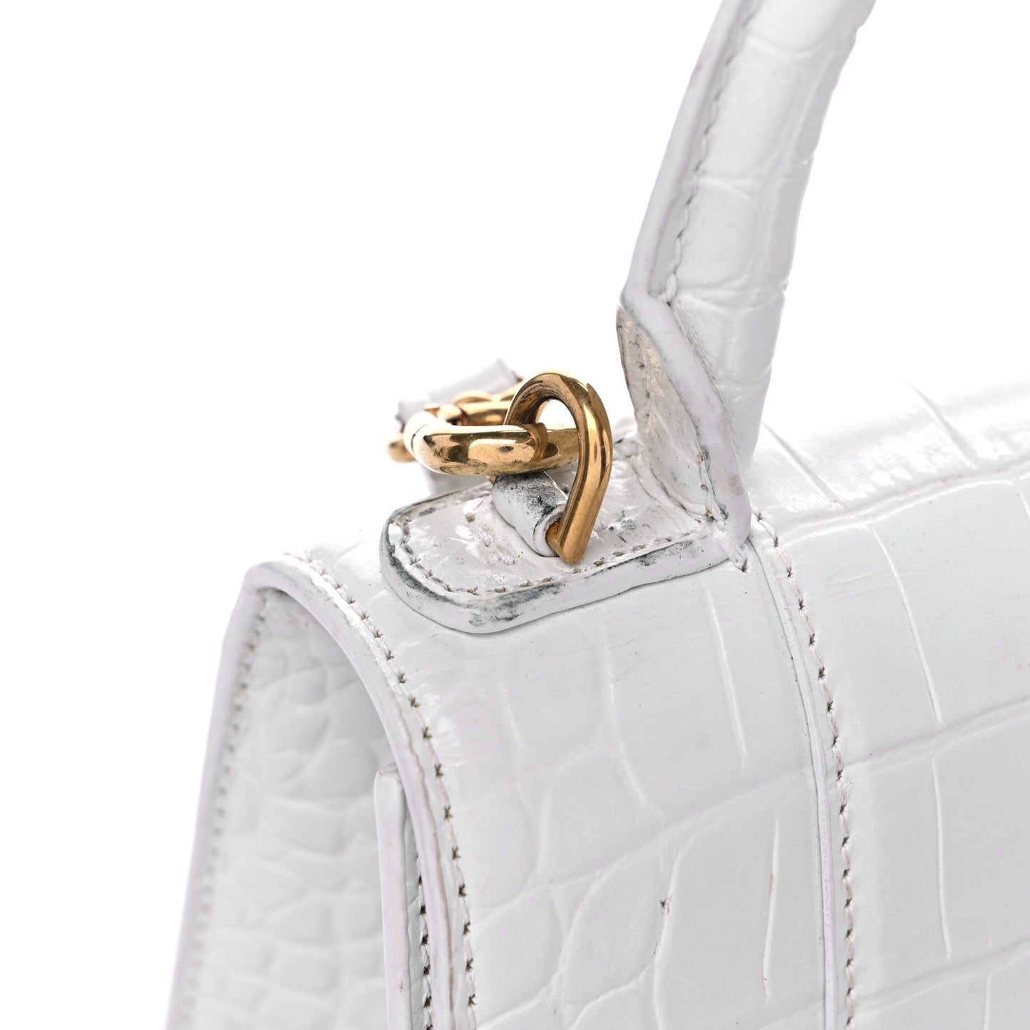 Shiny Calfskin Crocodile Embossed Hourglass Top Handle Bag XS White