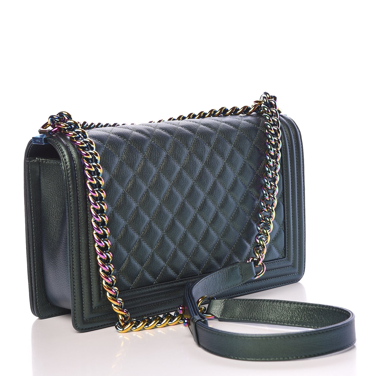 Iridescent Goatskin Quilted New Medium Boy Flap Green