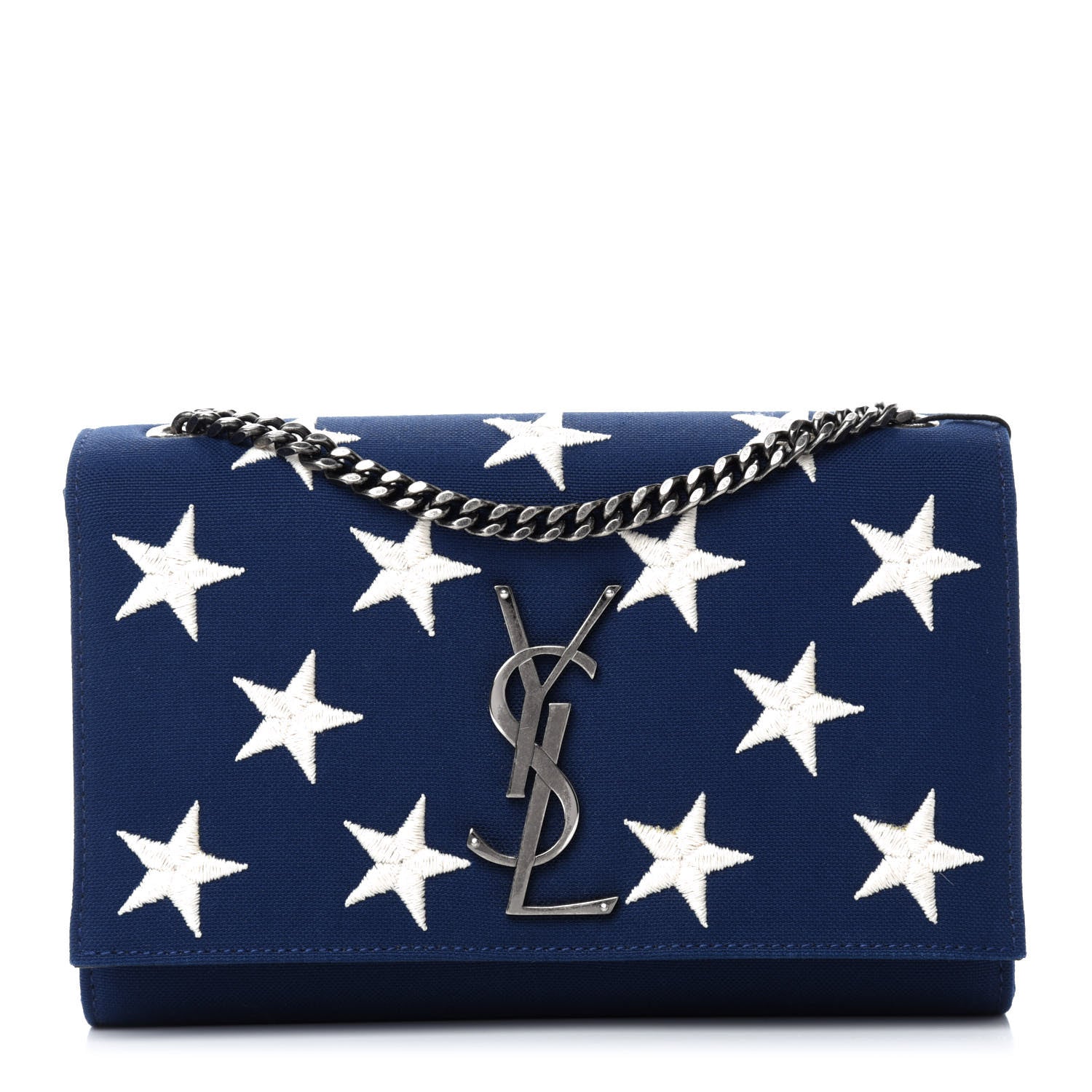 Saint Laurent Canvas Embroidered Stars Small Monogram Kate Satchel Blue Bianco 1 of 13
