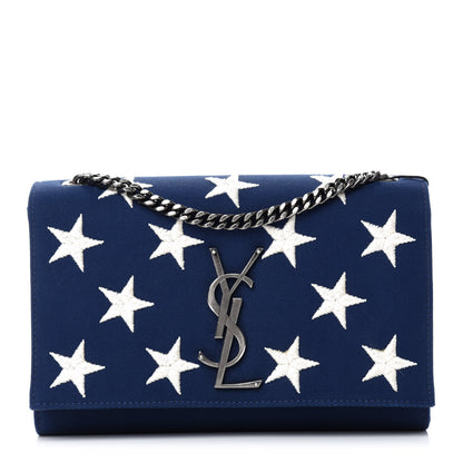 Saint Laurent Canvas Embroidered Stars Small Monogram Kate Satchel Blue Bianco 1 of 13
