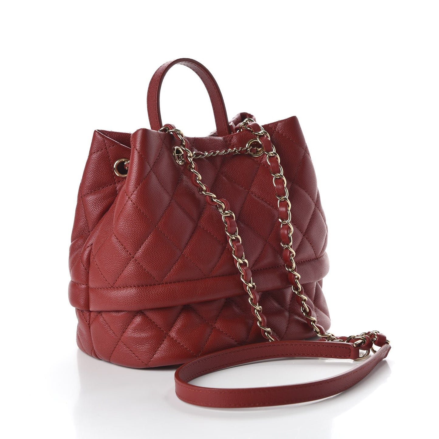 Caviar Quilted Rolled Up Bucket Drawstring Bag Red