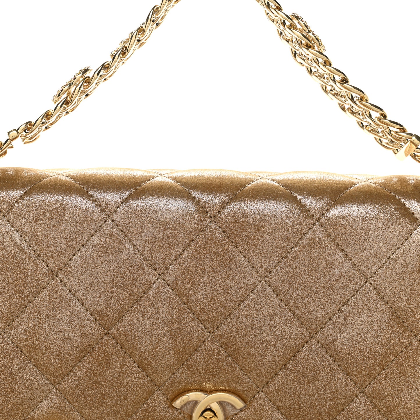 Iridescent Calfskin Quilted Crystal Chain Flap Clutch  Gold
