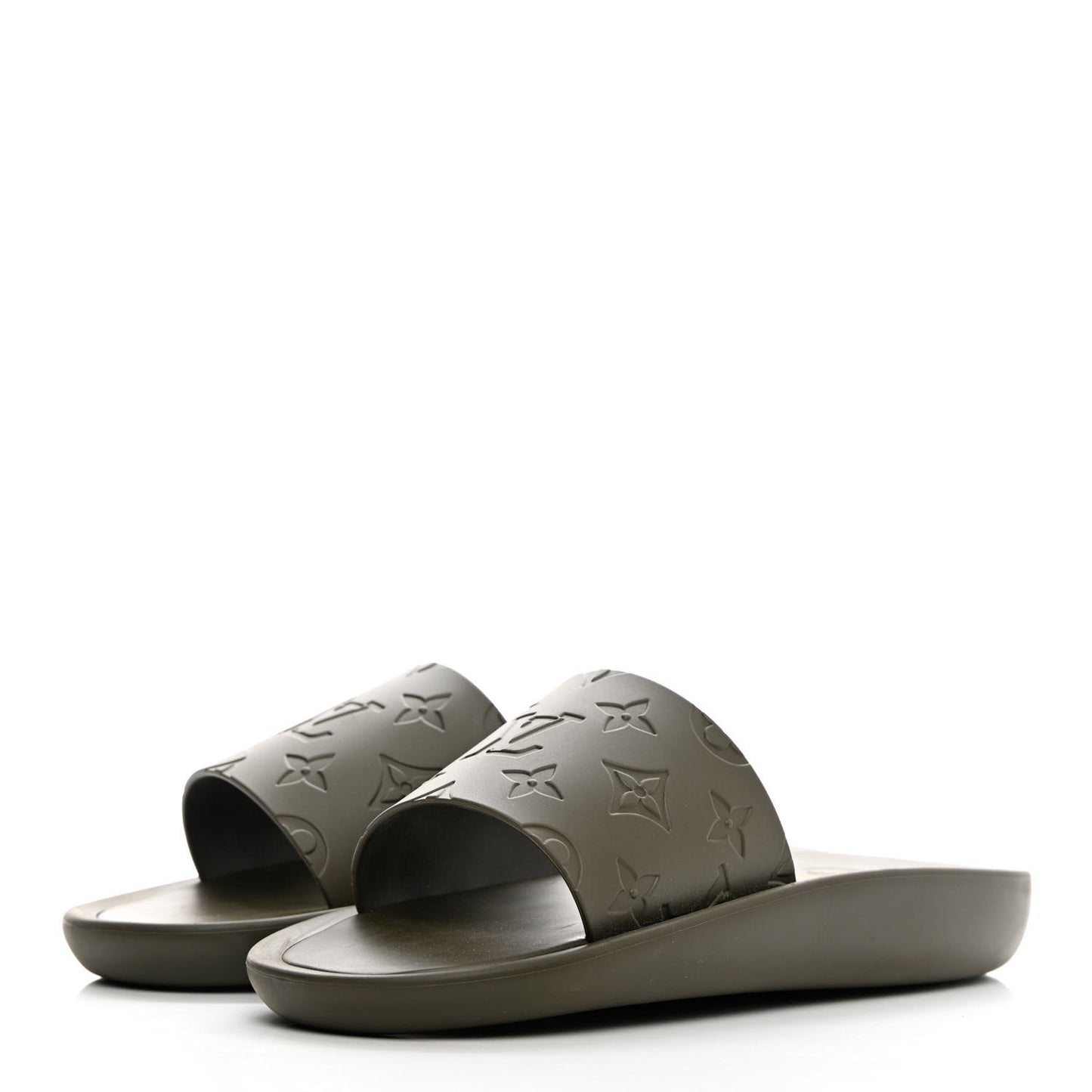 Matte Rubber Monogram Embossed Sunbath Slide Sandals 39 Khaki
