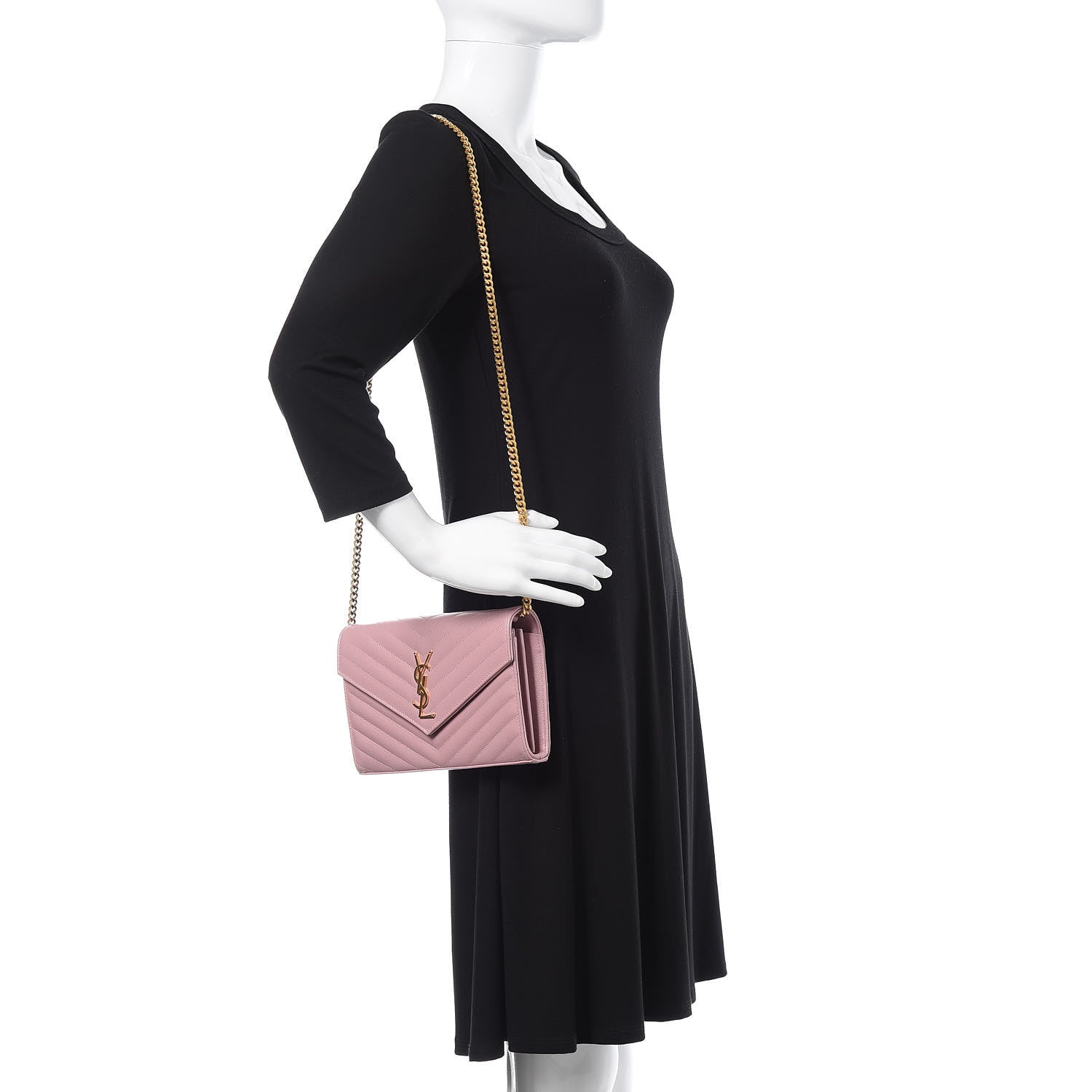 Saint Laurent Grain De Poudre Matelasse Chevron Monogram Chain Wallet Pale Pink 2 of 10