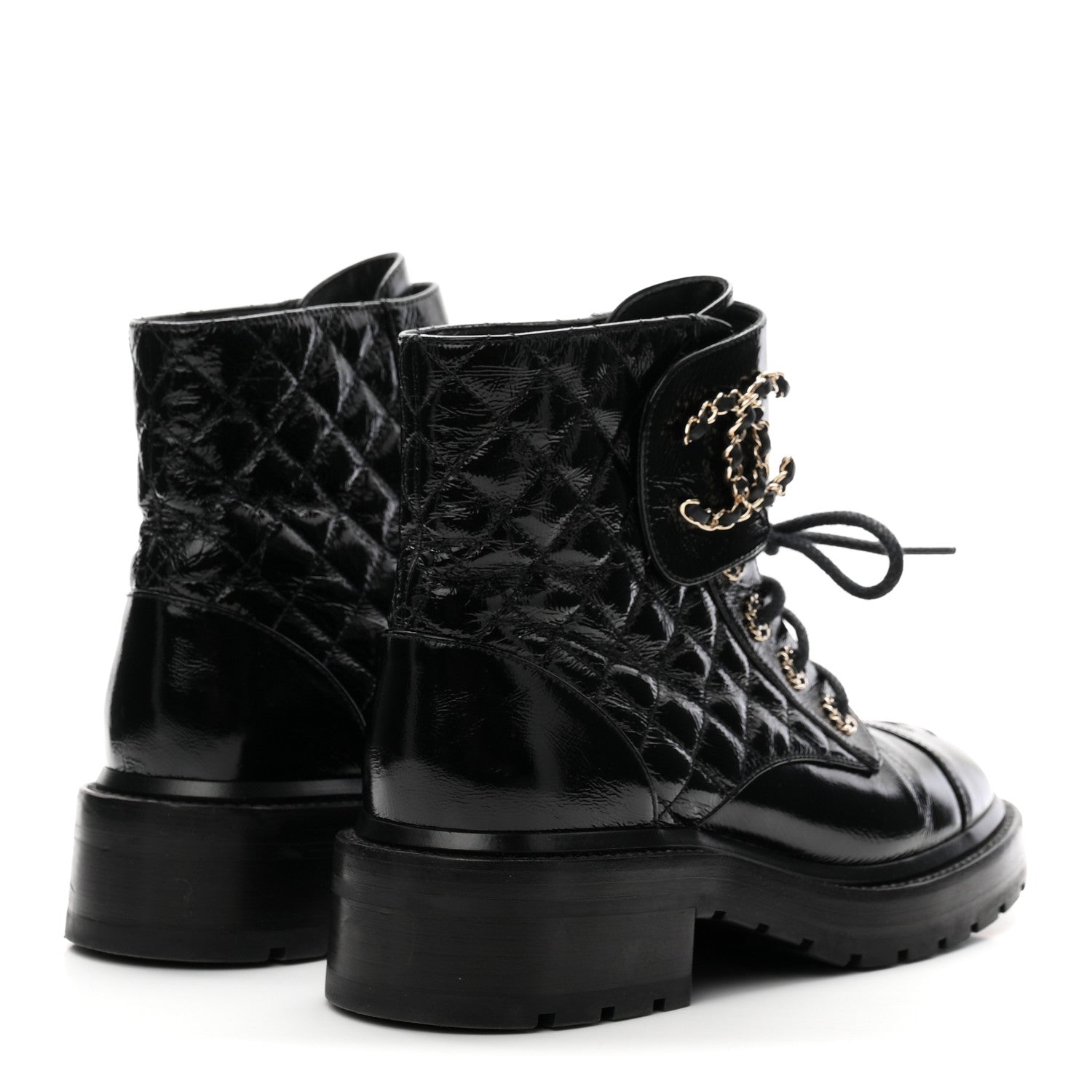 Chanel Shiny Lambskin Quilted Lace Up Combat Boots 38 Black 5 of 11