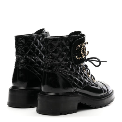 Chanel Shiny Lambskin Quilted Lace Up Combat Boots 38 Black 5 of 11