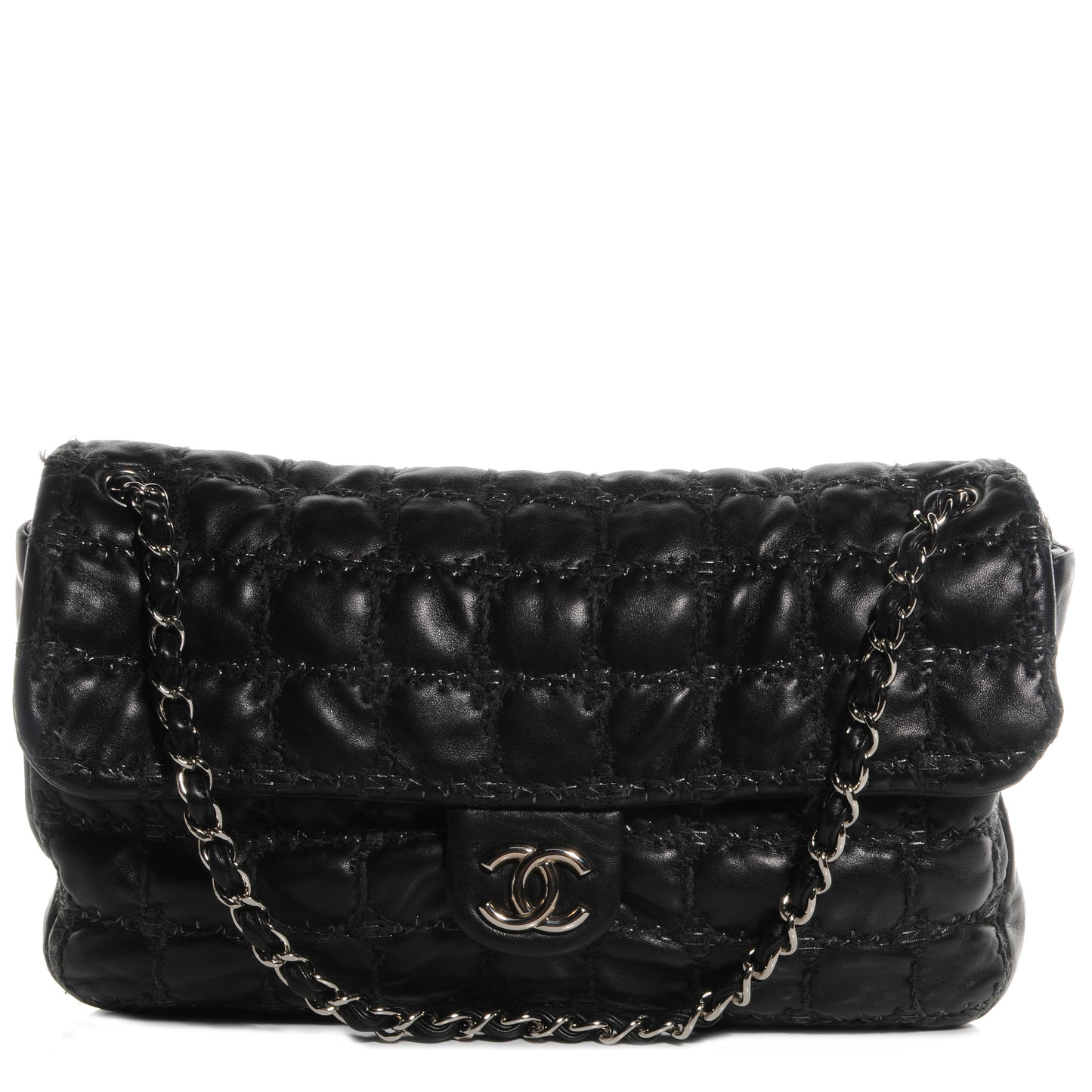 Lambskin Tweed Double Stitch Maxi Flap Black