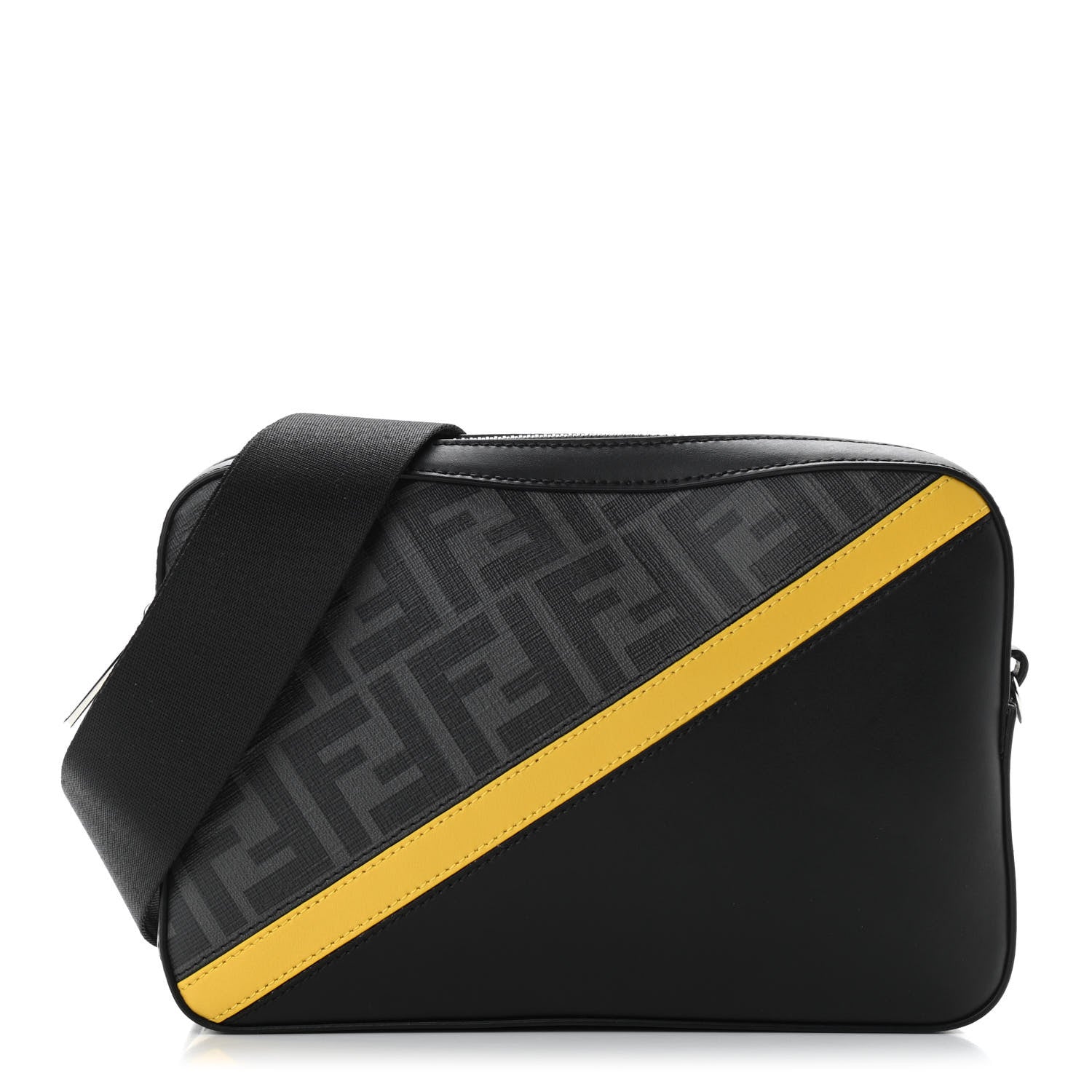 Fendi Glazed Fabric Vitello Liberty FF 1974 Diagonal Medium Camera Case Black Sunflower 1 of 10