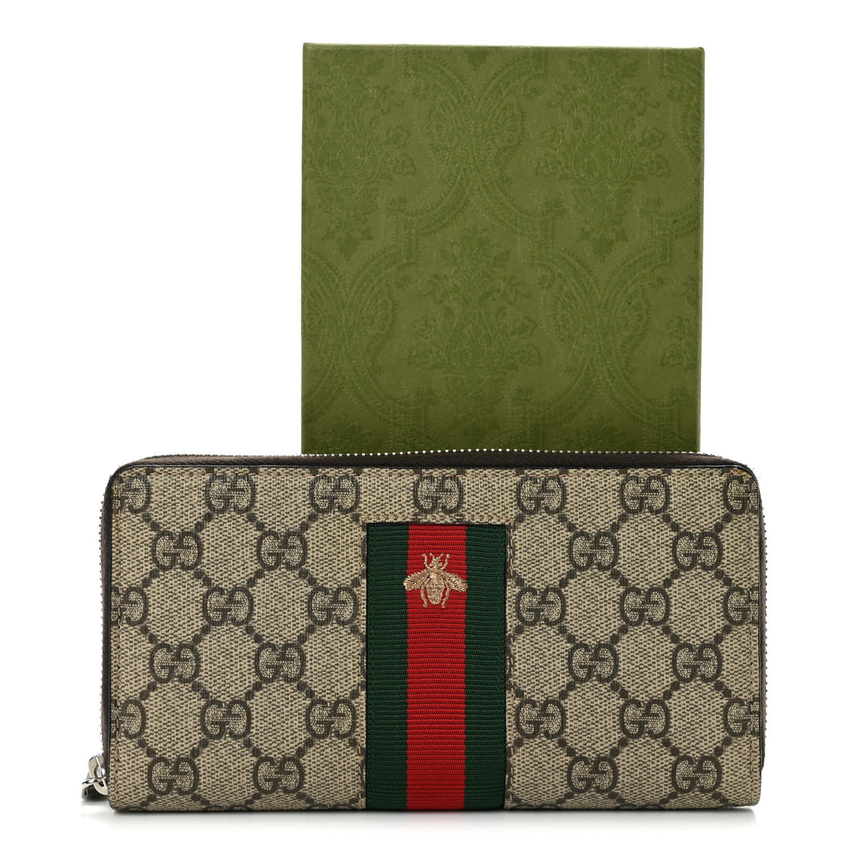 GG Supreme Monogram Web Bee Zip Around Wallet Beige Cocoa