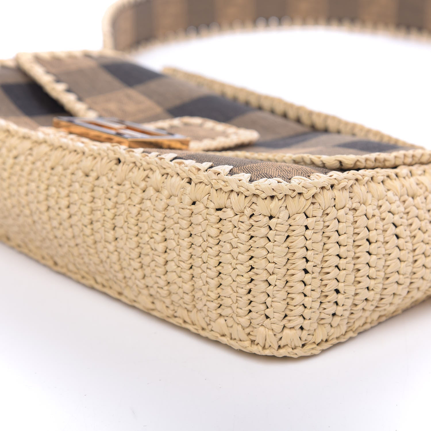 Fendi Fabric Jacquard Raffia Straw Pequin Gingham Woven Baguette Beige Black Natural 6 of 9