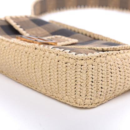 Fendi Fabric Jacquard Raffia Straw Pequin Gingham Woven Baguette Beige Black Natural 6 of 9