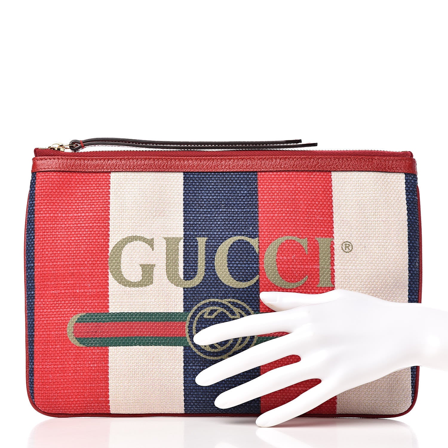 Gucci Canvas Sylvie Stripe Logo Zip Pouch Mystic White Hibiscus Red Maritime 2 of 7