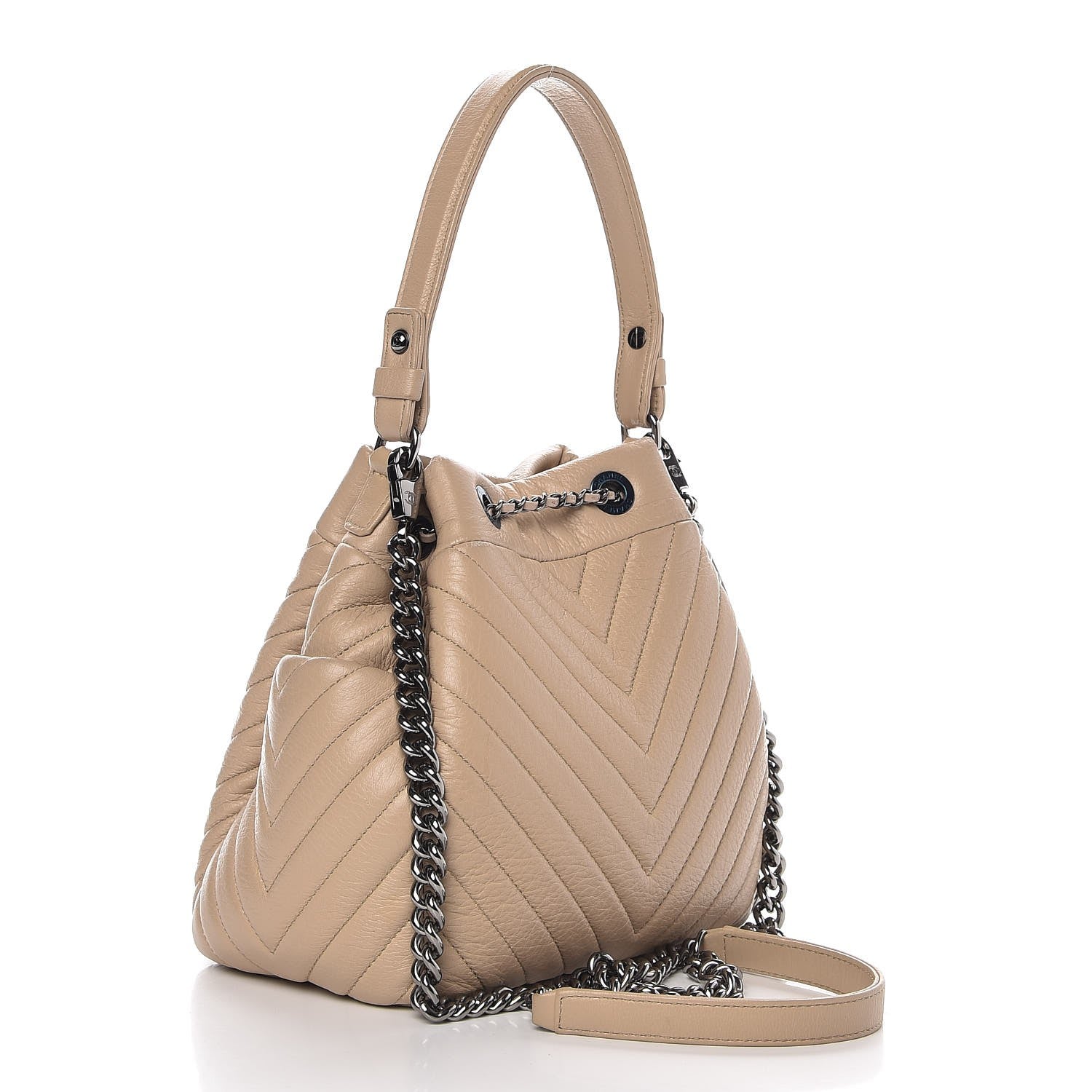 Chanel Deerskin Chevron Small CC Chain Bucket Bag Beige 3 of 9