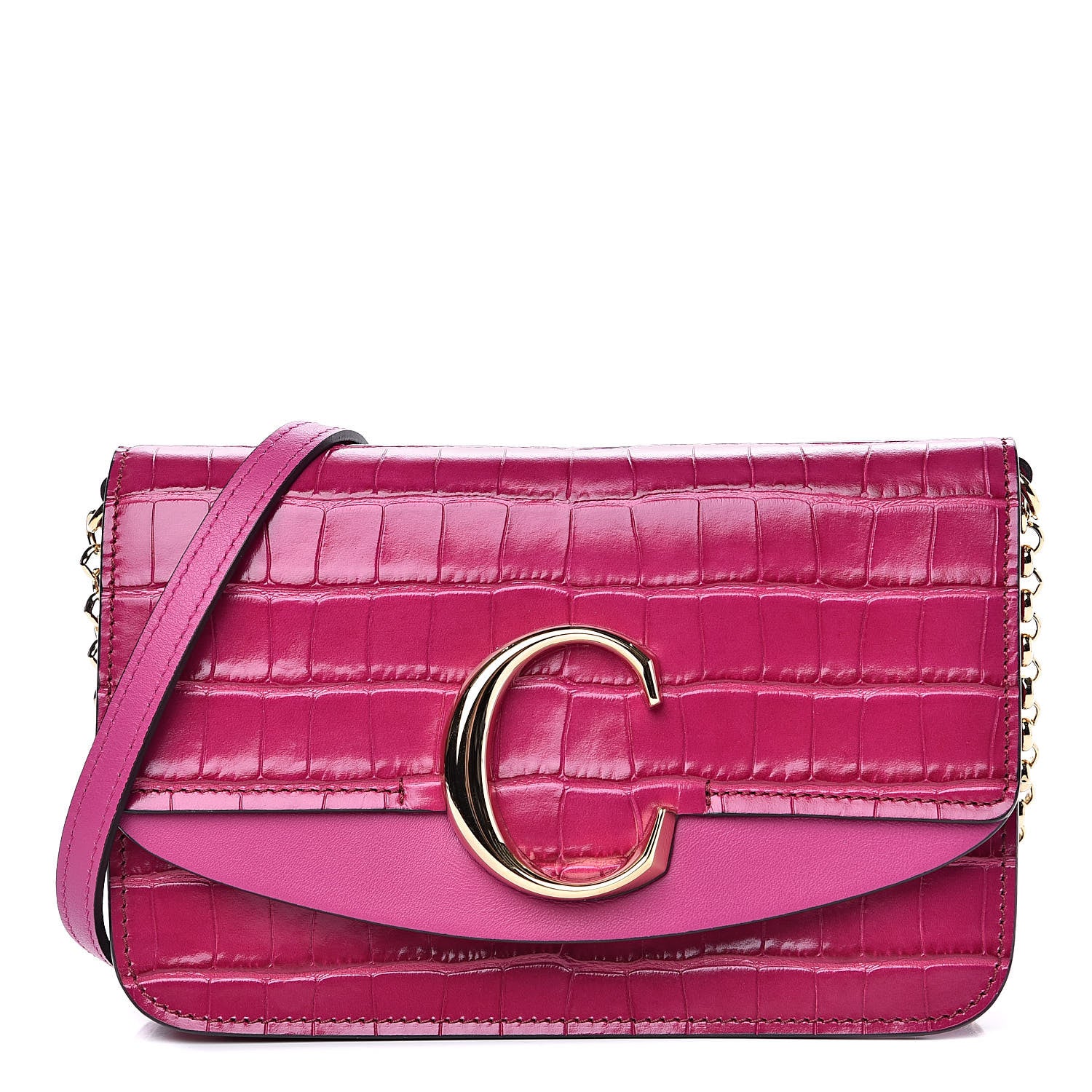 Chloe Calfskin Crocodile Embossed C Clutch With Chain Graphic Pink 1 of 10