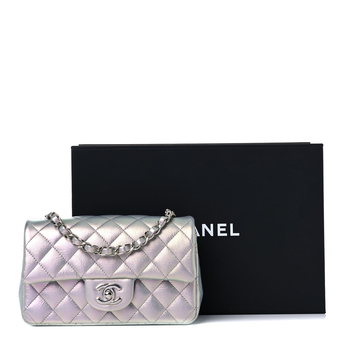 Iridescent Calfskin Quilted Mini Rectangular Flap Light Purple