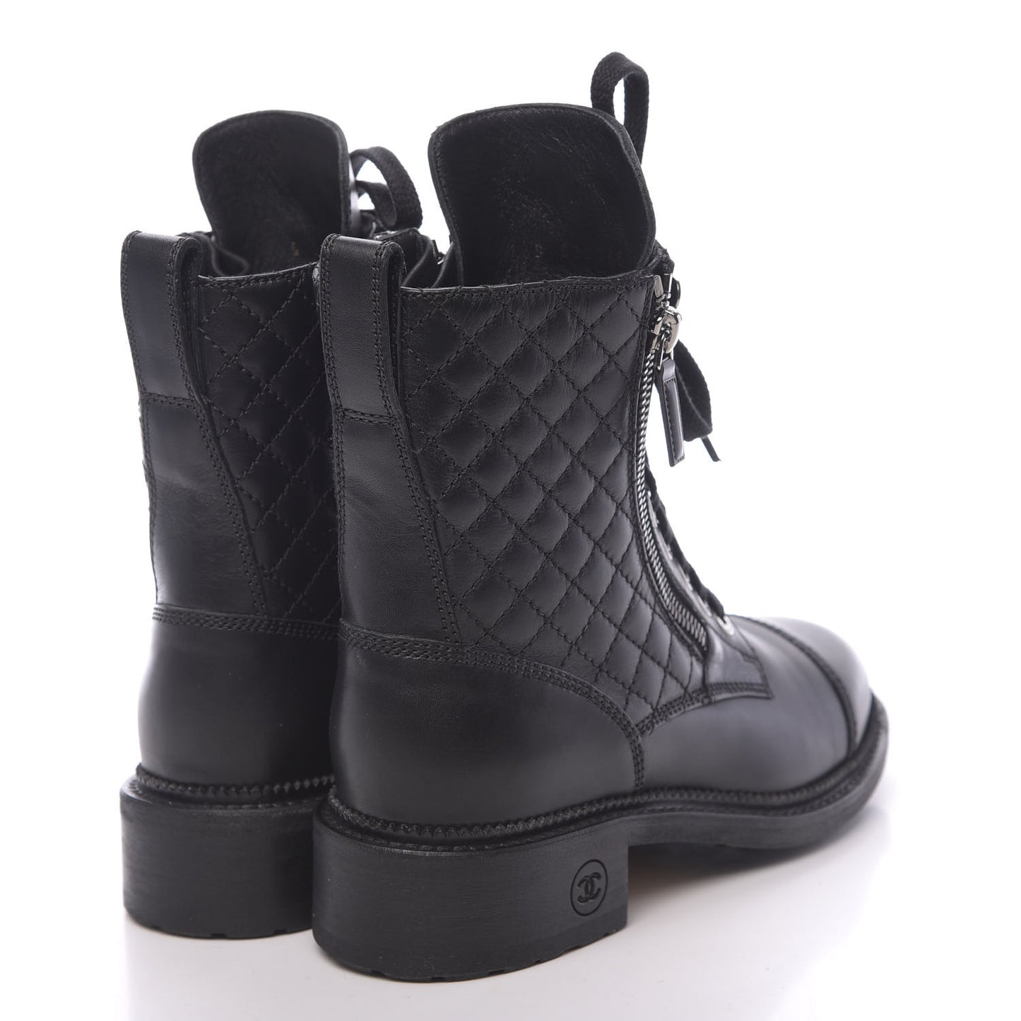 Calfskin Quilted Lace Up Combat Boots 36.5 Black