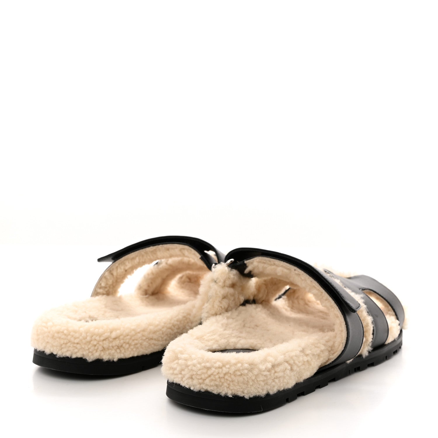 Hermes Calfskin Woolskin Mens Chypre Sandals 42 Black Ecru 4 of 9