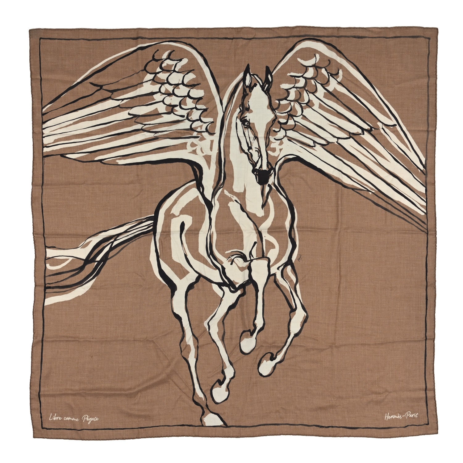 Hermes Cashmere Silk Libre Comme Pegase Shawl 140 Caramel Creme Black 1 of 4