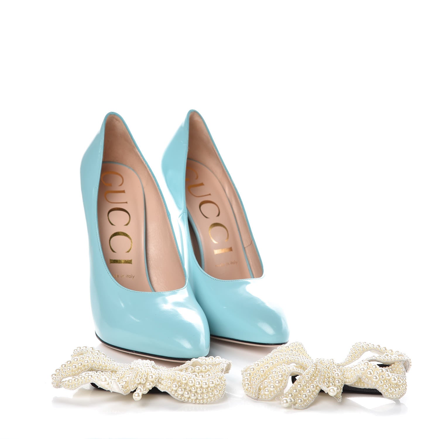 Gucci Polished Calfskin Removable Pearly Bow Elaisa Platform High Heel Pumps 38 New Aquamarine 6 of 11