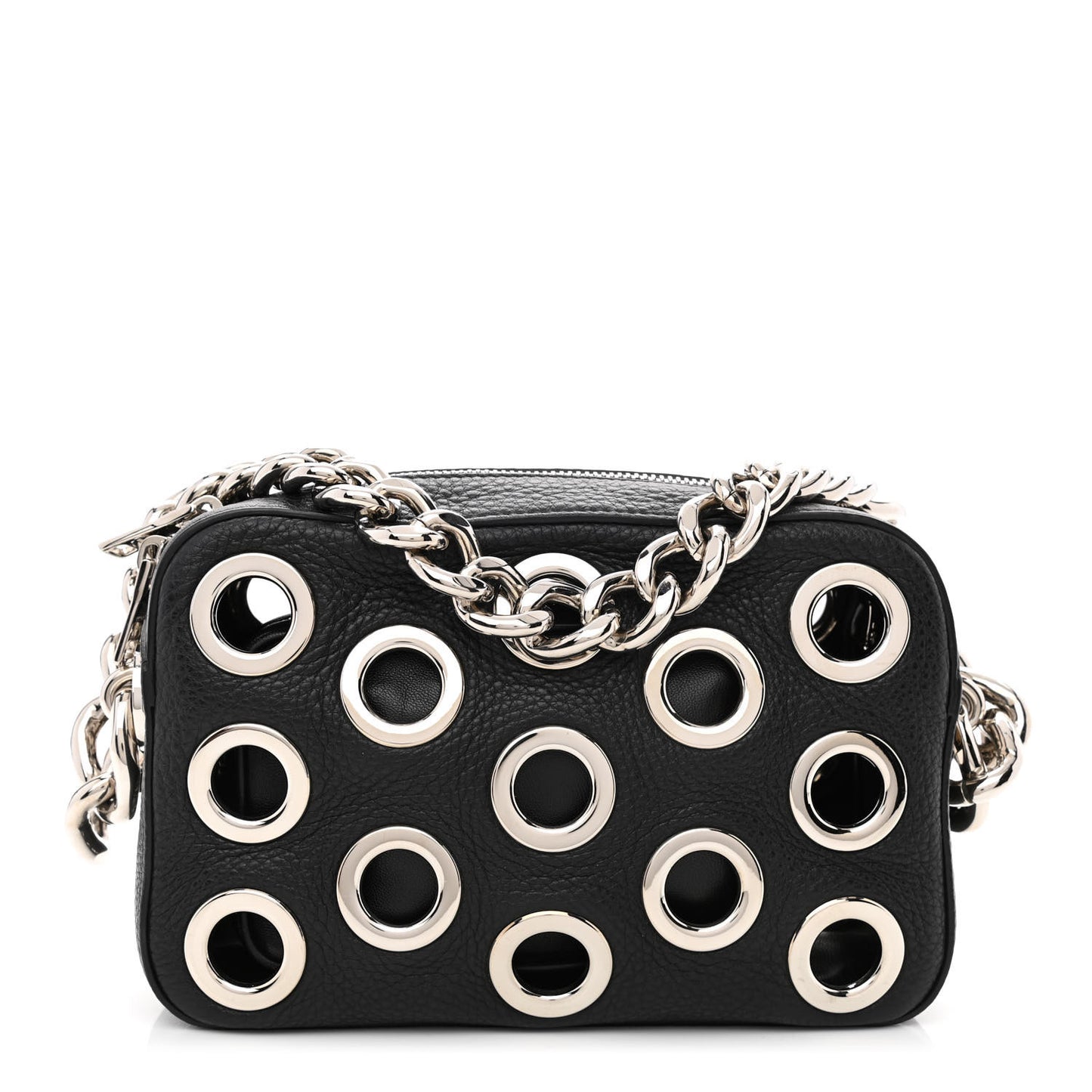 Vitello Daino Grommet Chain Satchel Bag Black