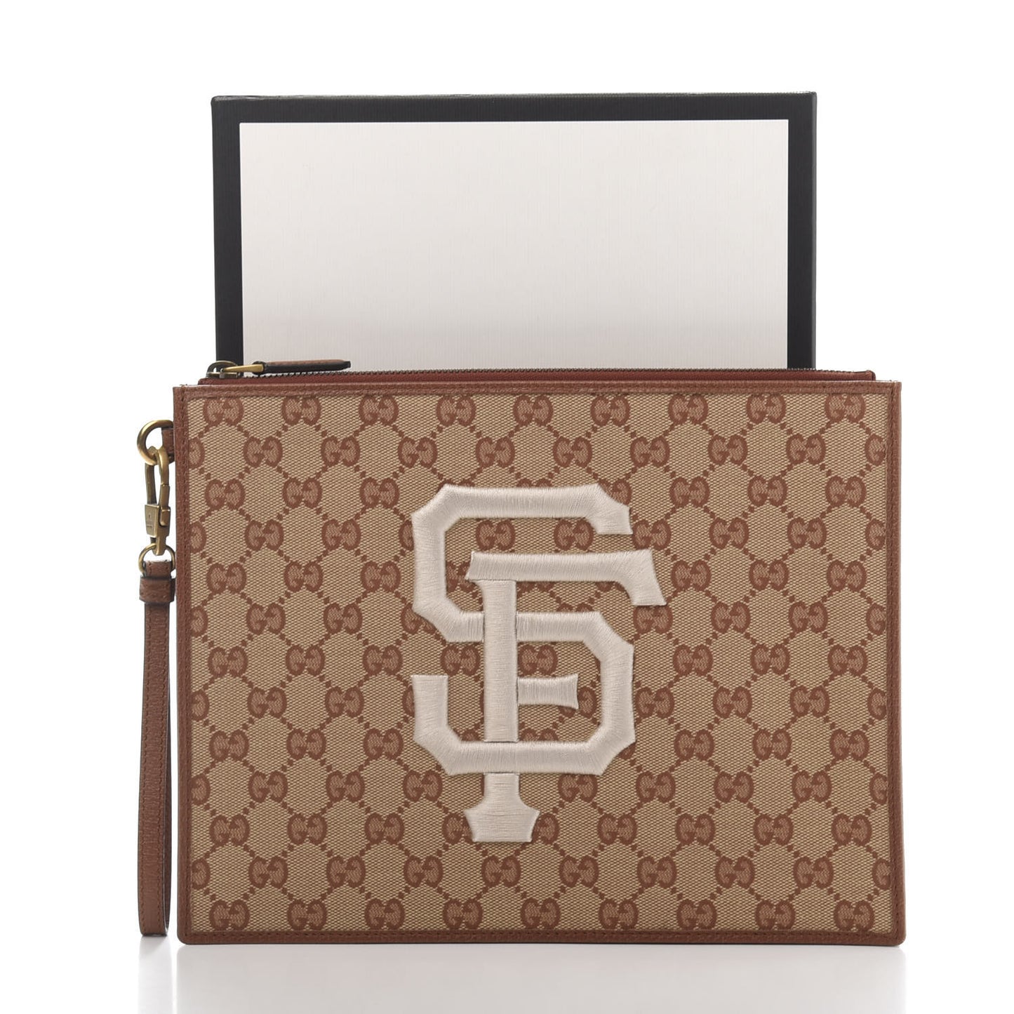 X MLB GG Monogram SF Giants Zip Wristlet Pouch Beige Ruggine Ivory