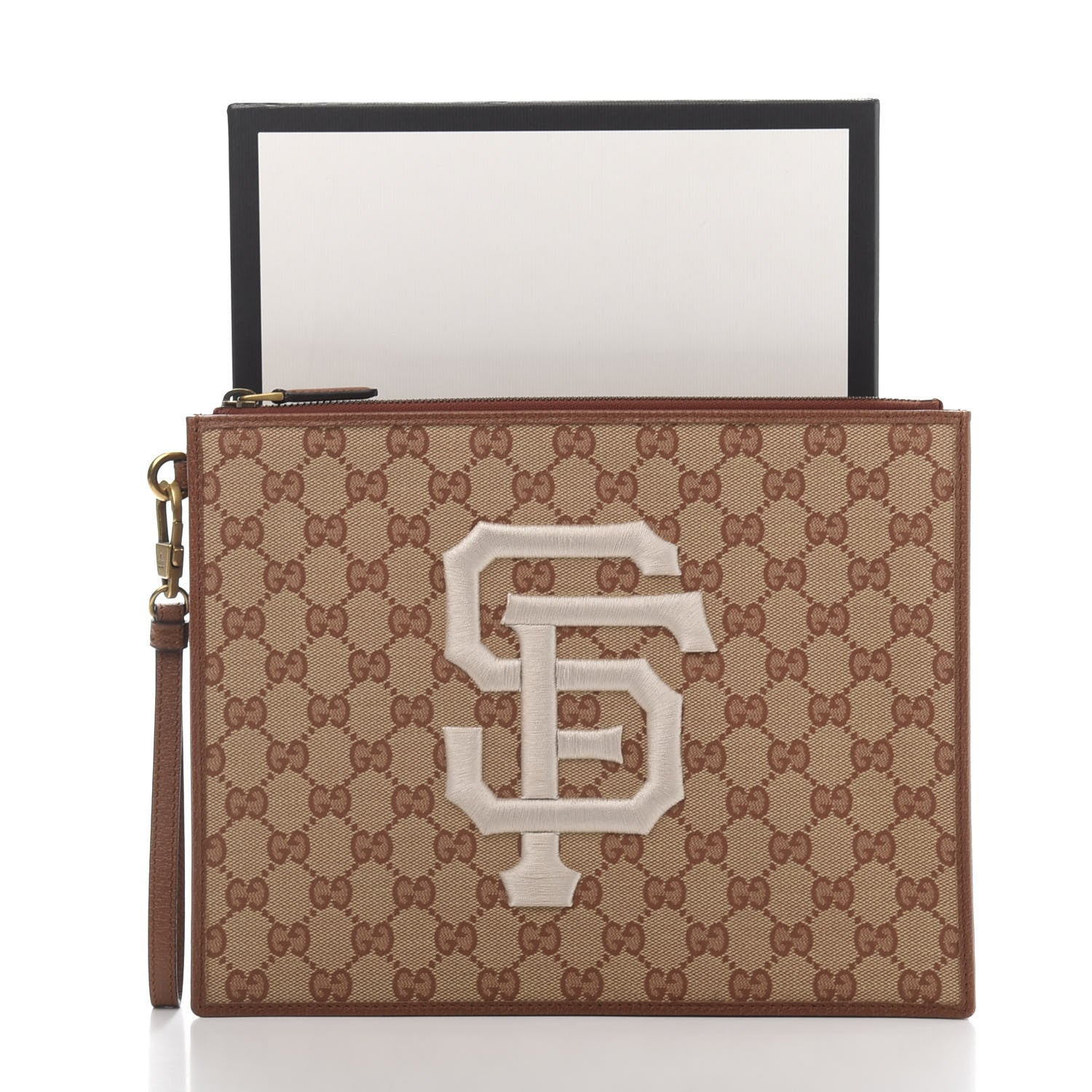 Gucci X MLB GG Monogram SF Giants Zip Wristlet Pouch Beige Ruggine Ivory 11 of 11