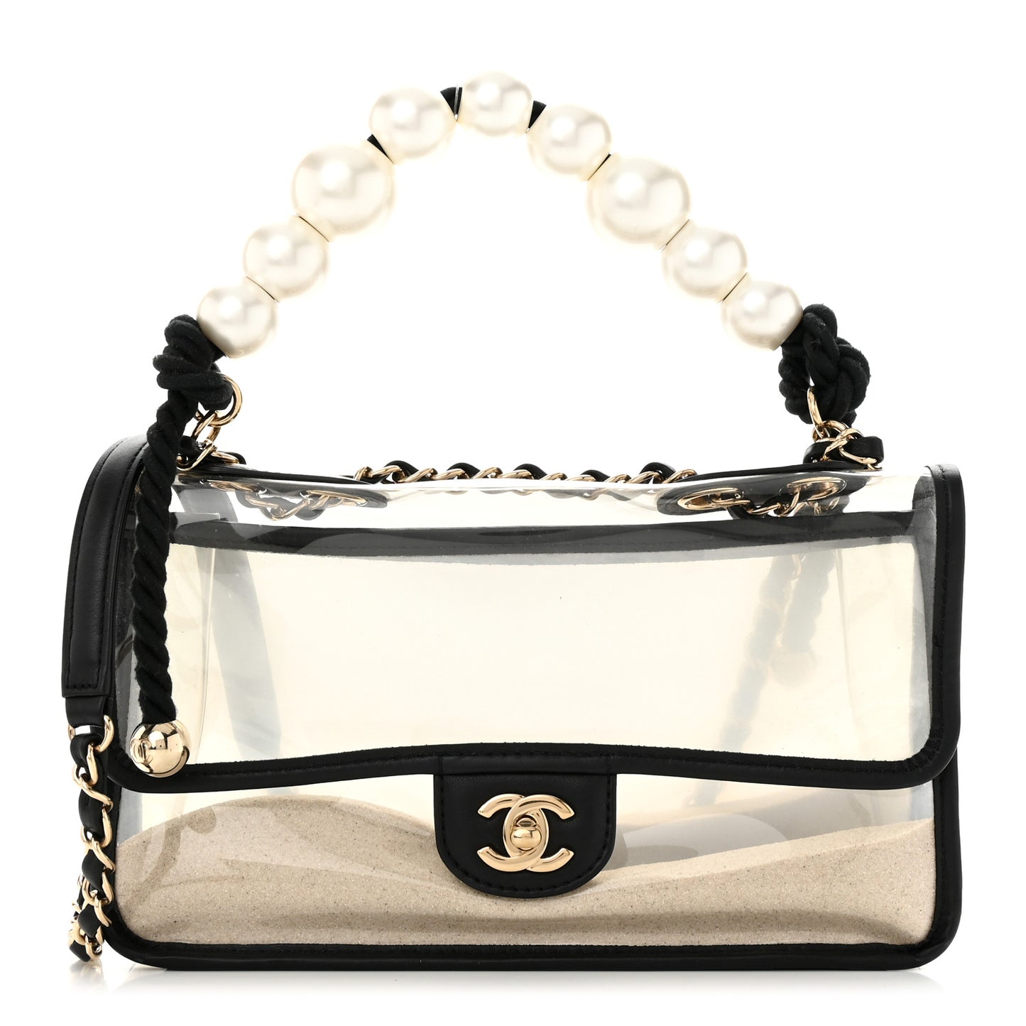 Lambskin PVC Sand By The Sea Flap With Pearl Strap Black