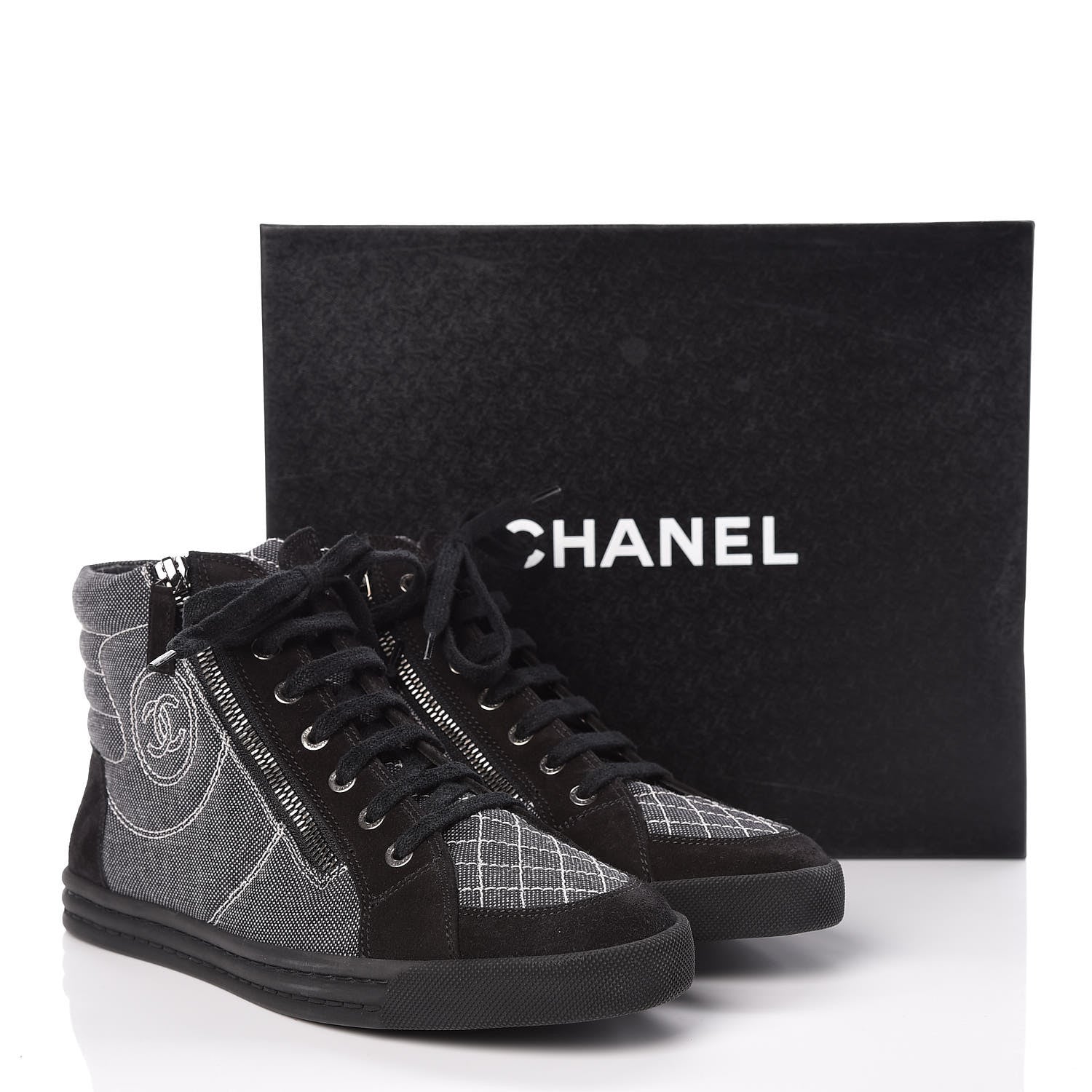 Chanel Toile Suede Calfskin CC High Top Sneakers 39 Dark Grey 9 of 9