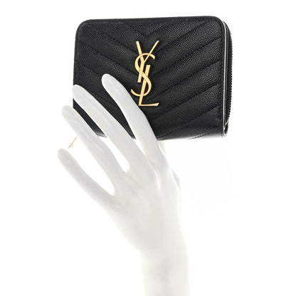 Saint Laurent Grain De Poudre Matelasse Chevron Monogram Compact Zip Around Wallet Black 2 of 14