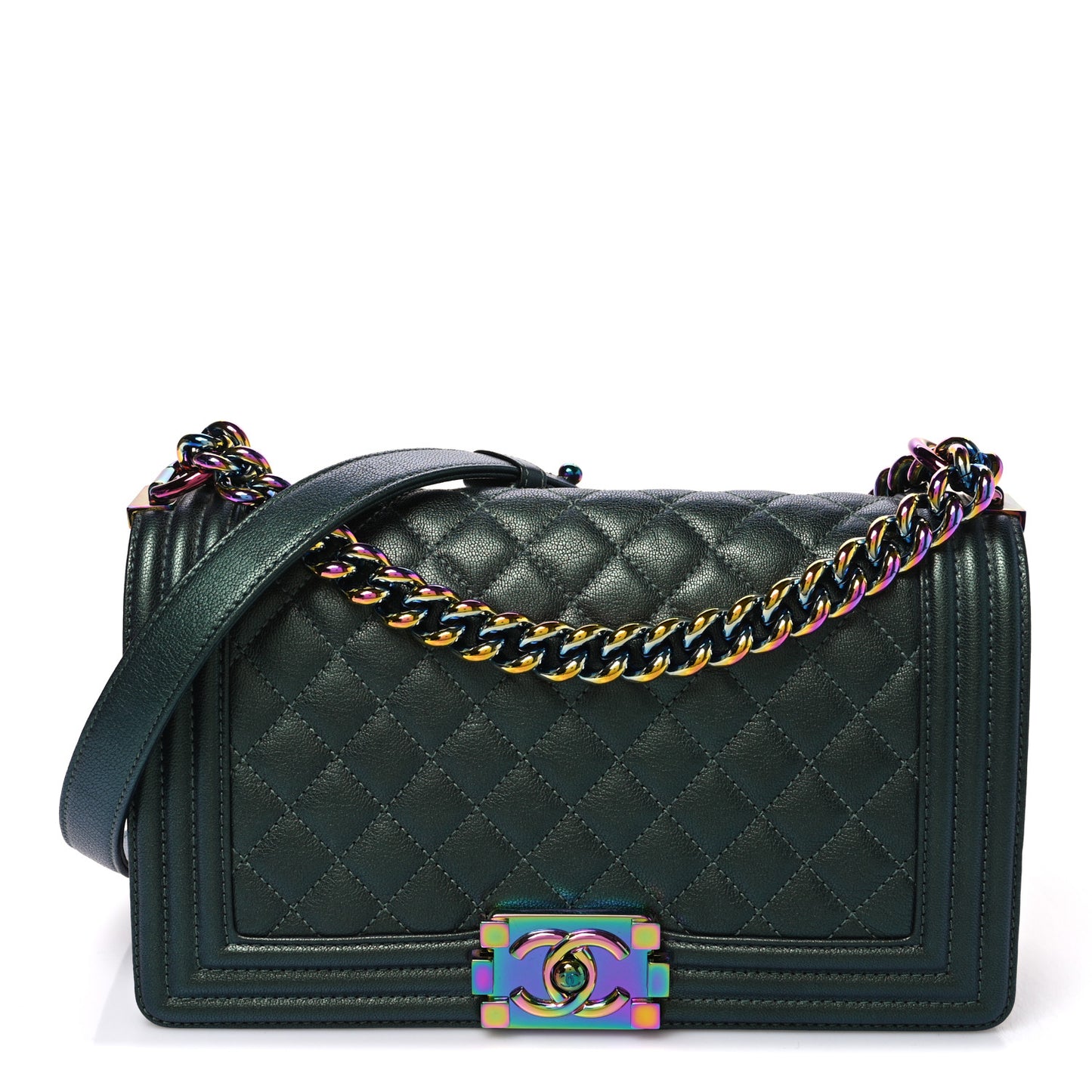 Iridescent Goatskin Quilted Medium Boy Flap Green