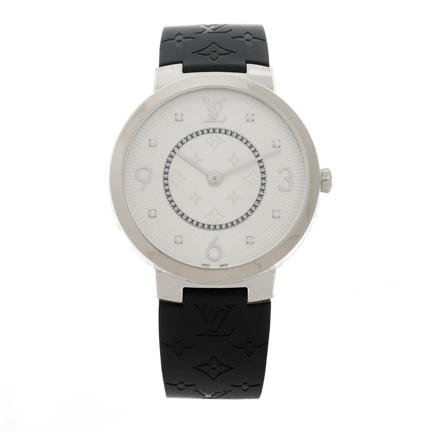 Stainless Steel Rubber Diamond 39mm Tambour Slim Quartz Watch