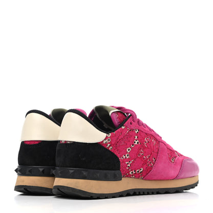 Valentino Garavani Macrame Lace Suede Womens Rockrunner Sneakers 35.5 Fuxia Multicolor 3 of 4