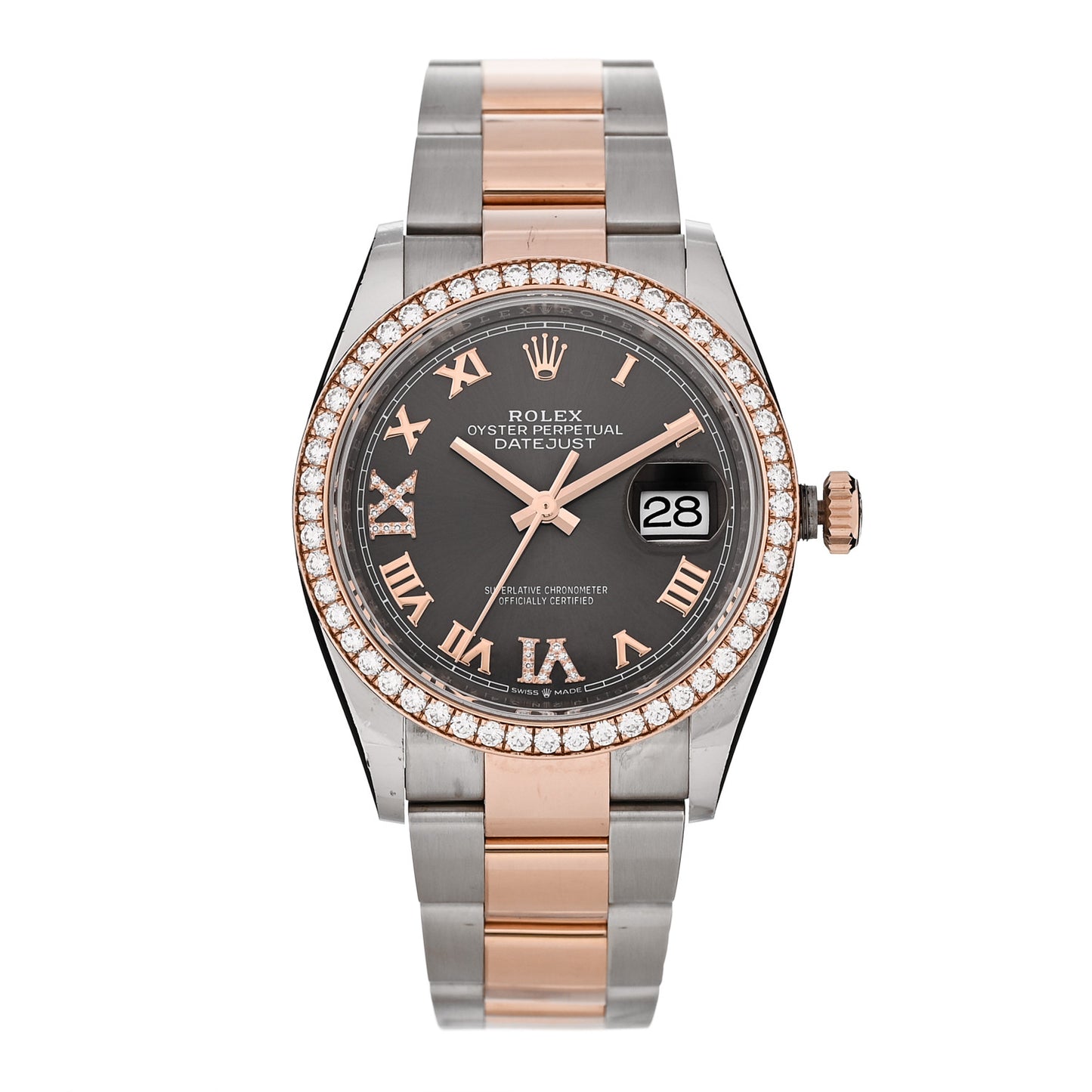Stainless Steel 18K Everose Gold Diamond 36mm Oyster Perpetual Datejust Watch Rhodium Roman 126281RBR