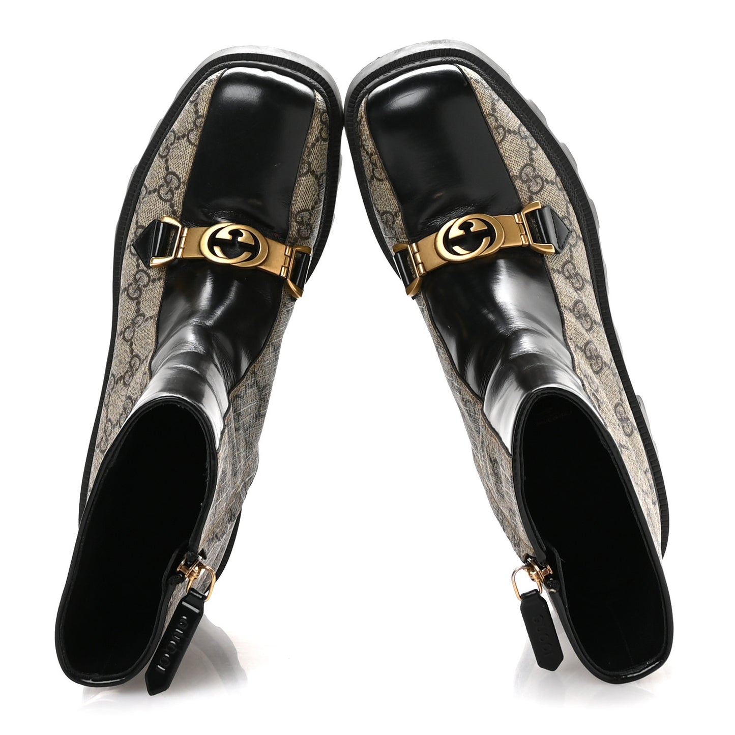 GG Supreme Monogram Magnum Calfskin Interlocking G Womens Lug Sole Ankle Boots 37 Beige Ebony Black