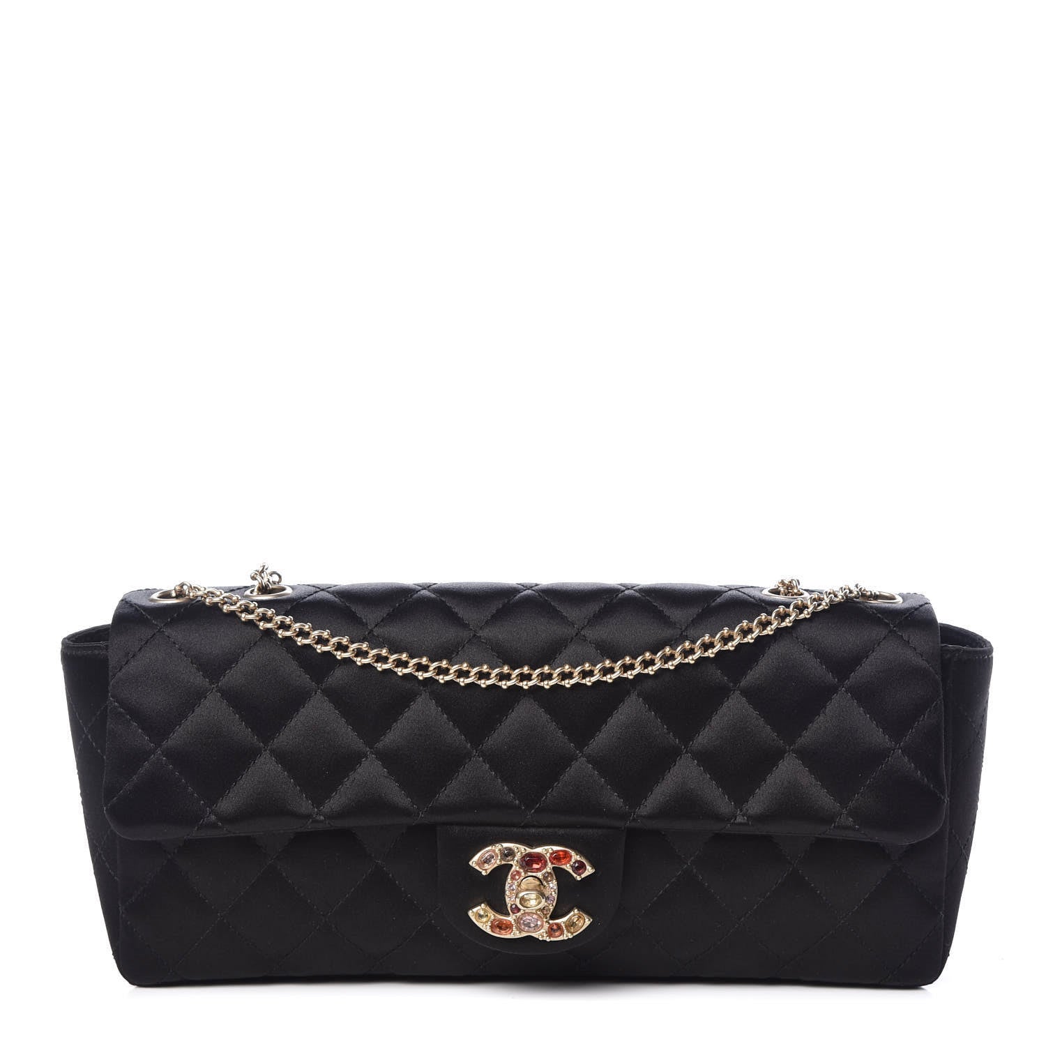 Chanel Satin Quilted Jeweled East West Flap Black 1 of 15